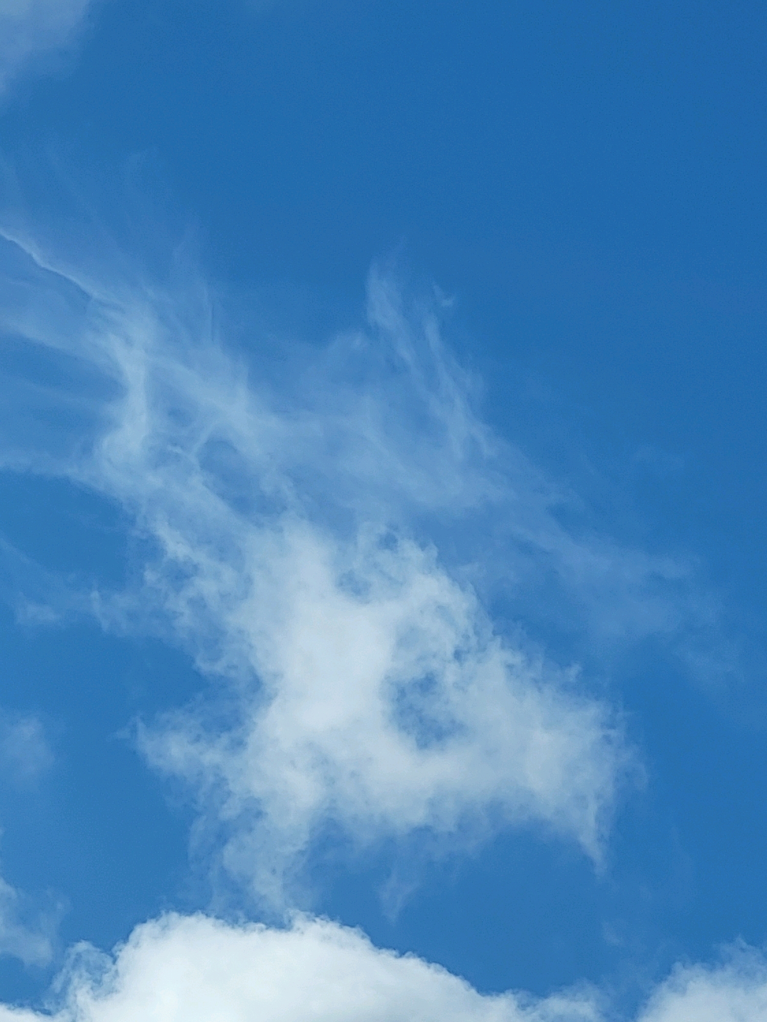 The image displays a clear blue sky with wispy white clouds. The clouds are scattered across the frame, with a more prominent, larger cloud formation in the center. The overall scene is tranquil and suggests fair weather conditions. No specific landmarks or details identifiable to Jelgava, Latvia are present in the image, as it solely depicts the sky. There are no people, objects, or actions visible in the frame.