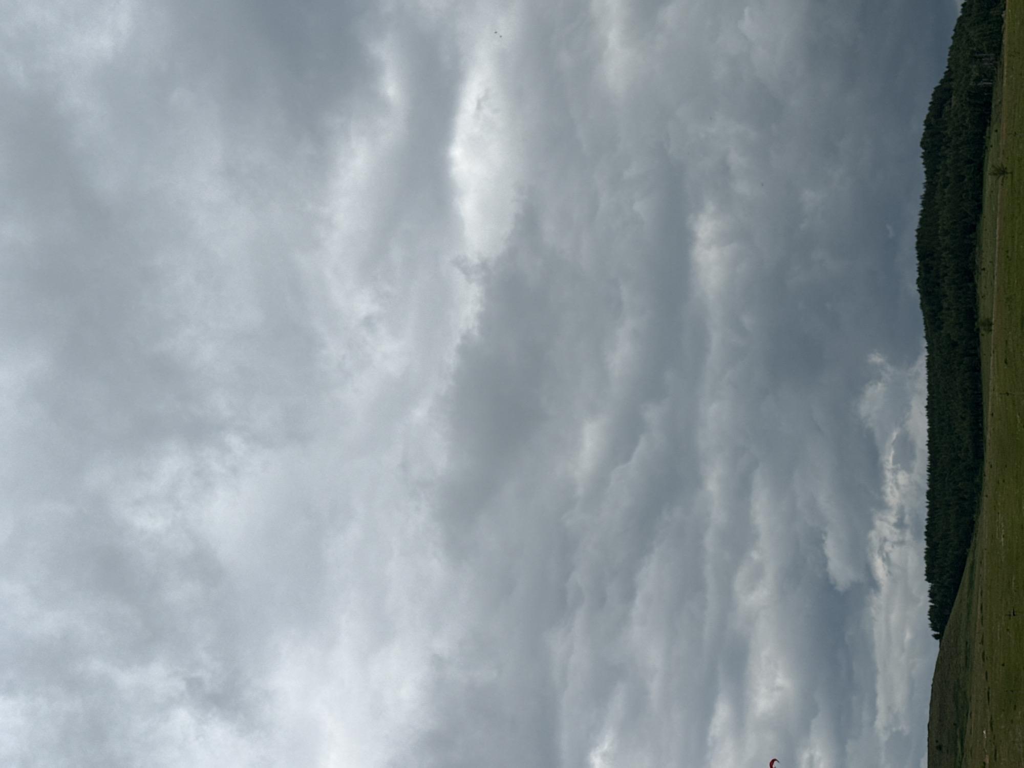 The image shows a cloudy sky over a rural landscape. In the distance, there is a treeline atop a hill, and in the foreground, a grassy field. A small red object, possibly a kite or part of one, is visible in the upper left portion of the image, low in the sky. The scene appears to be outdoors, with no visible buildings or infrastructure immediately apparent. The location is identified as Staroye Subkhankulovo, Russia.