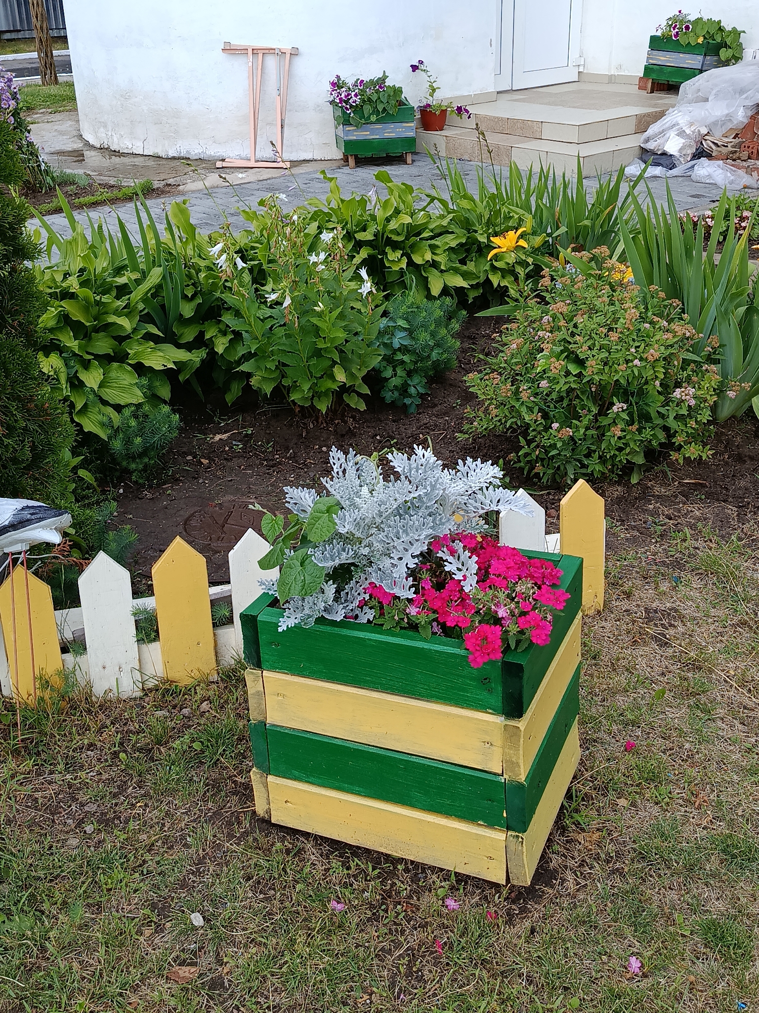 The image shows a residential yard in Smalyavichy, Belarus, with a focus on a planter box in the foreground. The planter box is made of wood, painted in alternating green and yellow horizontal stripes, and contains a mix of silver-leafed plants and bright pink flowers. A small, colorful picket fence, painted yellow and white, separates the planter box from the background. Behind the fence, there are various plants and garden features, including a yellow flower, lush green hostas, and a flowering shrub. In the background, a portion of a white building with a staircase leading to a door is visible, along with two green planter boxes on the steps. The ground is covered with grass and some bare soil.