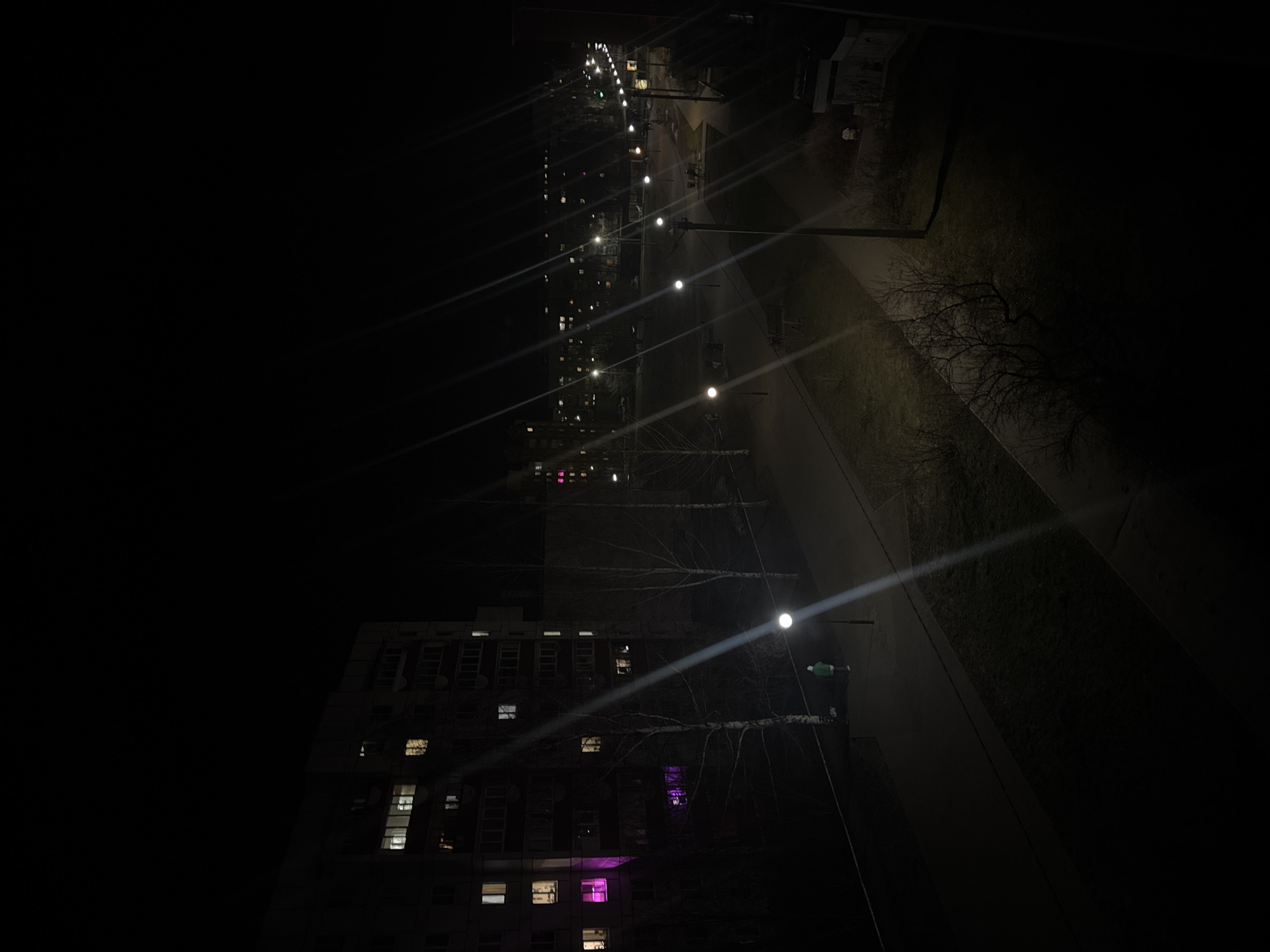 This nighttime, overhead shot depicts a dimly lit urban environment in Chaikovsky, Russia.
A row of streetlights illuminates a path and grassy area. A tall apartment building is visible to the left. Some windows are lit, some with a distinct purple hue. The buildings and path are partially obscured by bare trees. A figure wearing a green jacket is visible on the path.