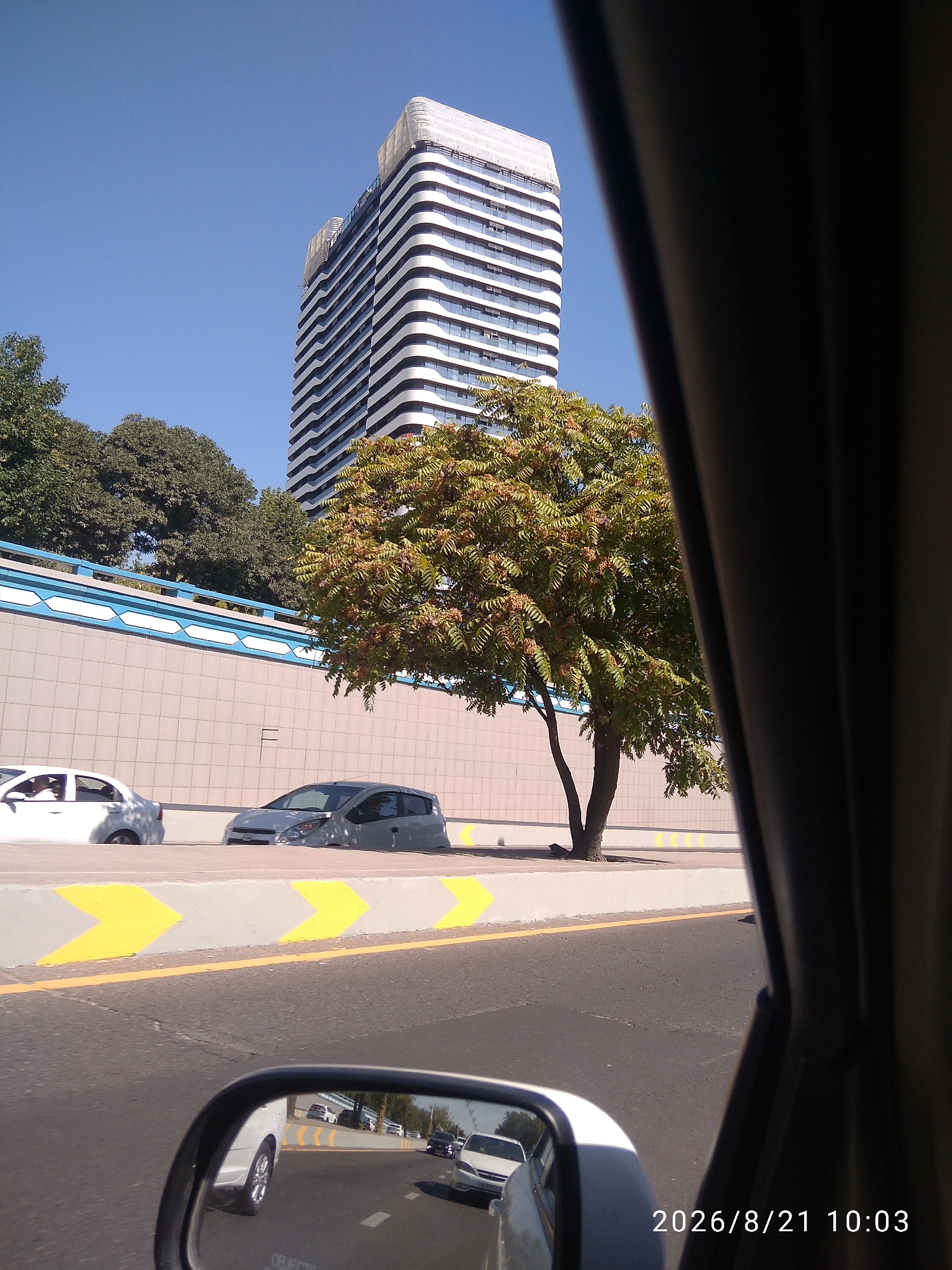 A view from inside a vehicle shows a multi-story building with a distinctive curved architectural design. The building has a facade of horizontal white and dark bands, with visible windows. In the foreground, a tree with green and brown foliage is positioned in front of a beige tiled wall. A light-colored car is parked on the left, and a dark-colored car is on the right, both on a paved surface. A road with yellow directional arrows painted on a concrete barrier is visible in the foreground. The image is dated 2026/8/21 10:03, suggesting a future date. Based on the architectural style of the building and the surrounding environment, this scene is likely located in Tashkent, Uzbekistan.