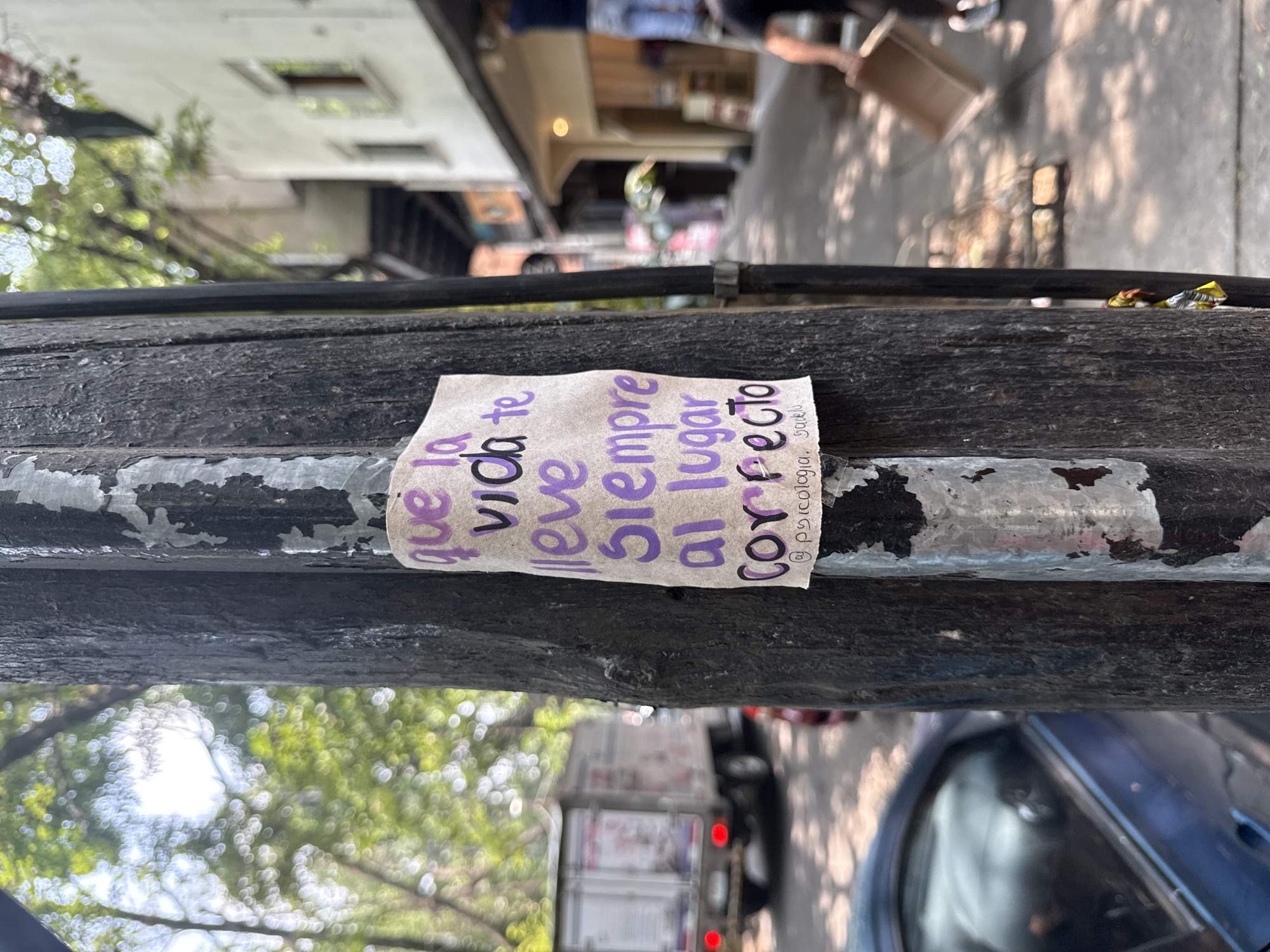 A handwritten sign is affixed to a weathered, black metal post or pipe. The message, written in purple ink on a small piece of paper, is in Spanish: "que la vida te lleve siempre al lugar correcto," which translates to "may life always take you to the right place." A social media handle "@psicologia. Saeki" is visible at the bottom right of the sign. The post is located on a street in Mexico City, Mexico, with a blurred urban environment visible in the background. This includes buildings, trees, pedestrians, parked cars, and a truck. The scene appears to be a sidewalk or roadside setting.