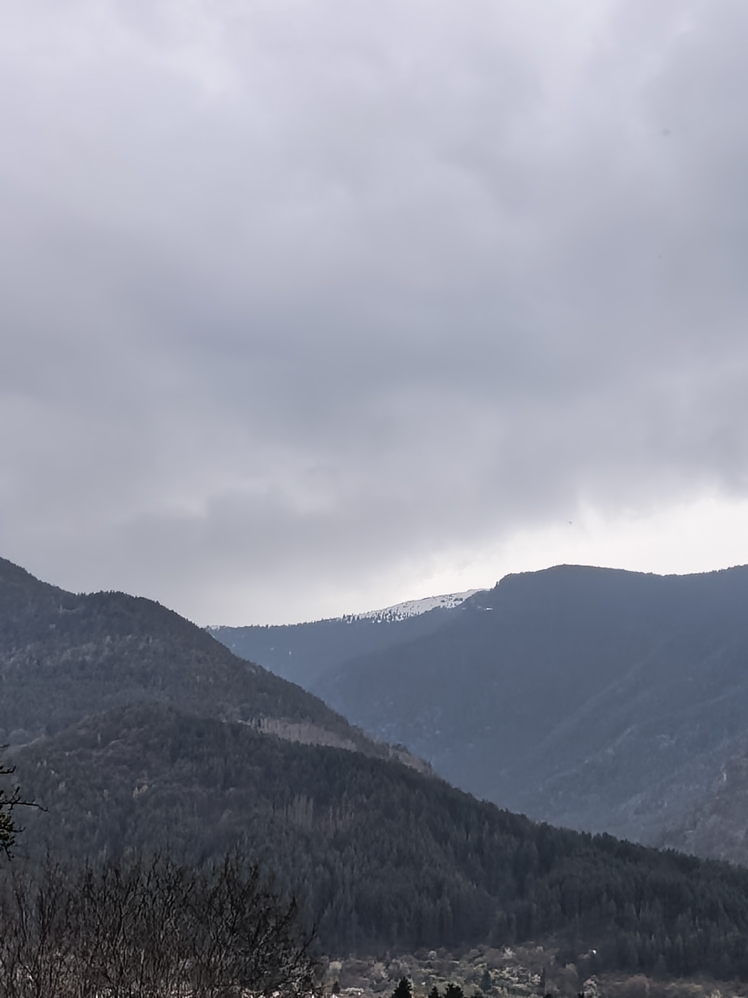 The image depicts a mountainous landscape under a cloudy sky. The mountains are covered in dense, dark forest, with some visible snow patches on the distant peaks. In the foreground, bare branches of trees are visible. A small settlement or village is nestled at the base of the mountains. The overall scene suggests a remote or rural location, with a focus on the natural environment.
