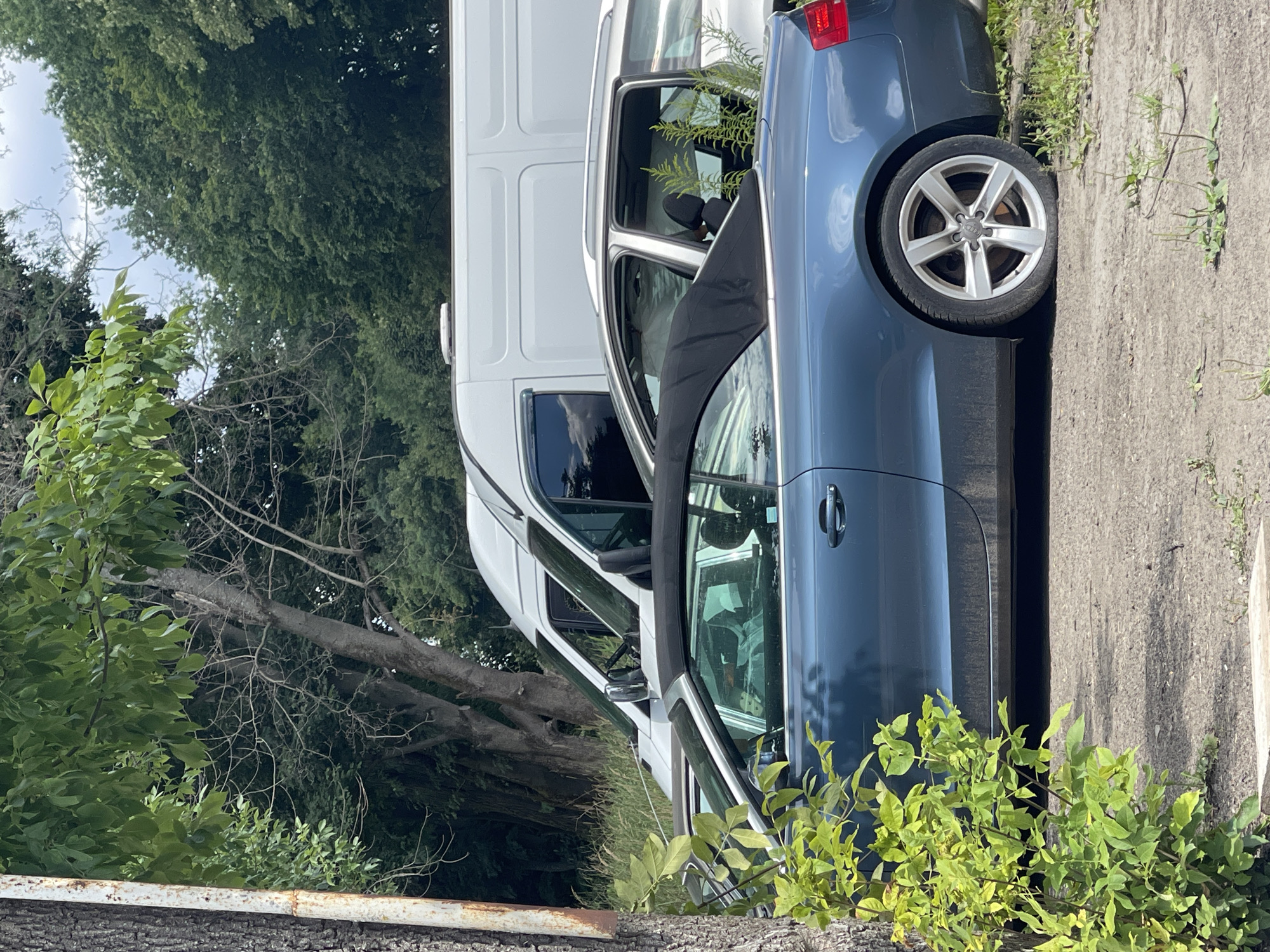 In Konopnytsia, Ukraine, on a bright day, a blue convertible car is parked on a dirt and gravel surface near a tree. The car's black top is down, and a person is visible in the driver's seat. Behind the convertible, a silver SUV is parked with its doors open, revealing vegetation growing inside. Further back, a white van is parked, with its front end obscured by the other vehicles and trees. The scene is surrounded by dense green foliage and trees.