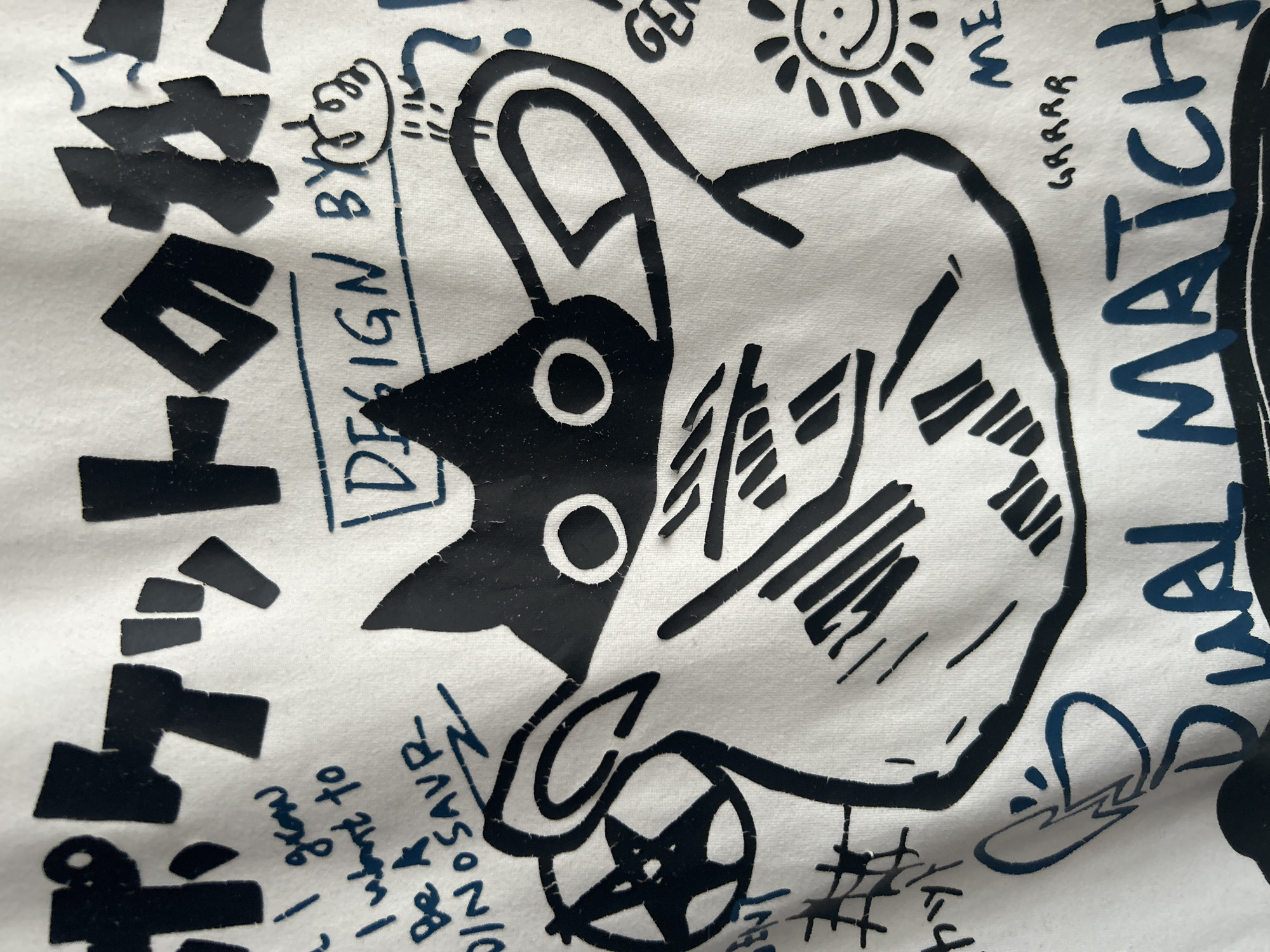 The image shows a close-up of a white fabric, possibly a t-shirt, with black and blue graphic designs printed on it. The designs include a stylized drawing of a cat peeking out of a tote bag, text in Japanese ("ポケットのガー"), and English phrases like "DESIGN BY", "I want to grow / Be DINOSAUR", "GRRRR ME", and "WAL MATCH". There are also small drawings of a sun with a smiley face, scribbles, and hashtag-like marks. The designs are somewhat distressed, with cracks or wear visible in the ink. The image does not contain any information relating to Câmara de Lobos, Portugal.