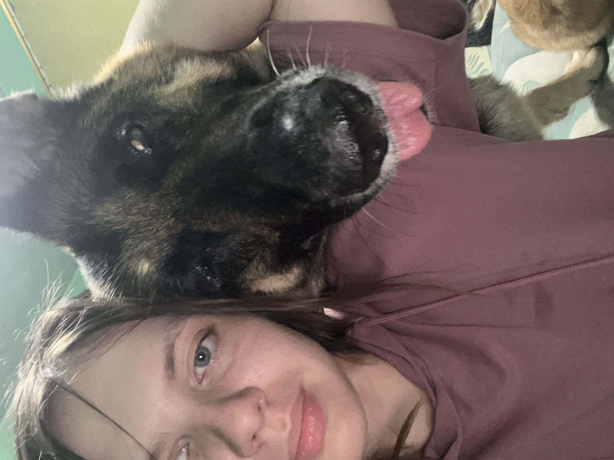 A young person with light skin and blue eyes is taking a selfie with a German Shepherd dog. The person is wearing a purple hoodie. The dog has its tongue sticking out and is resting its head on the person's shoulder. The background is a green wall. The scene appears to be indoors. There is no indication of the location in Nizhny Tagil, Russia.