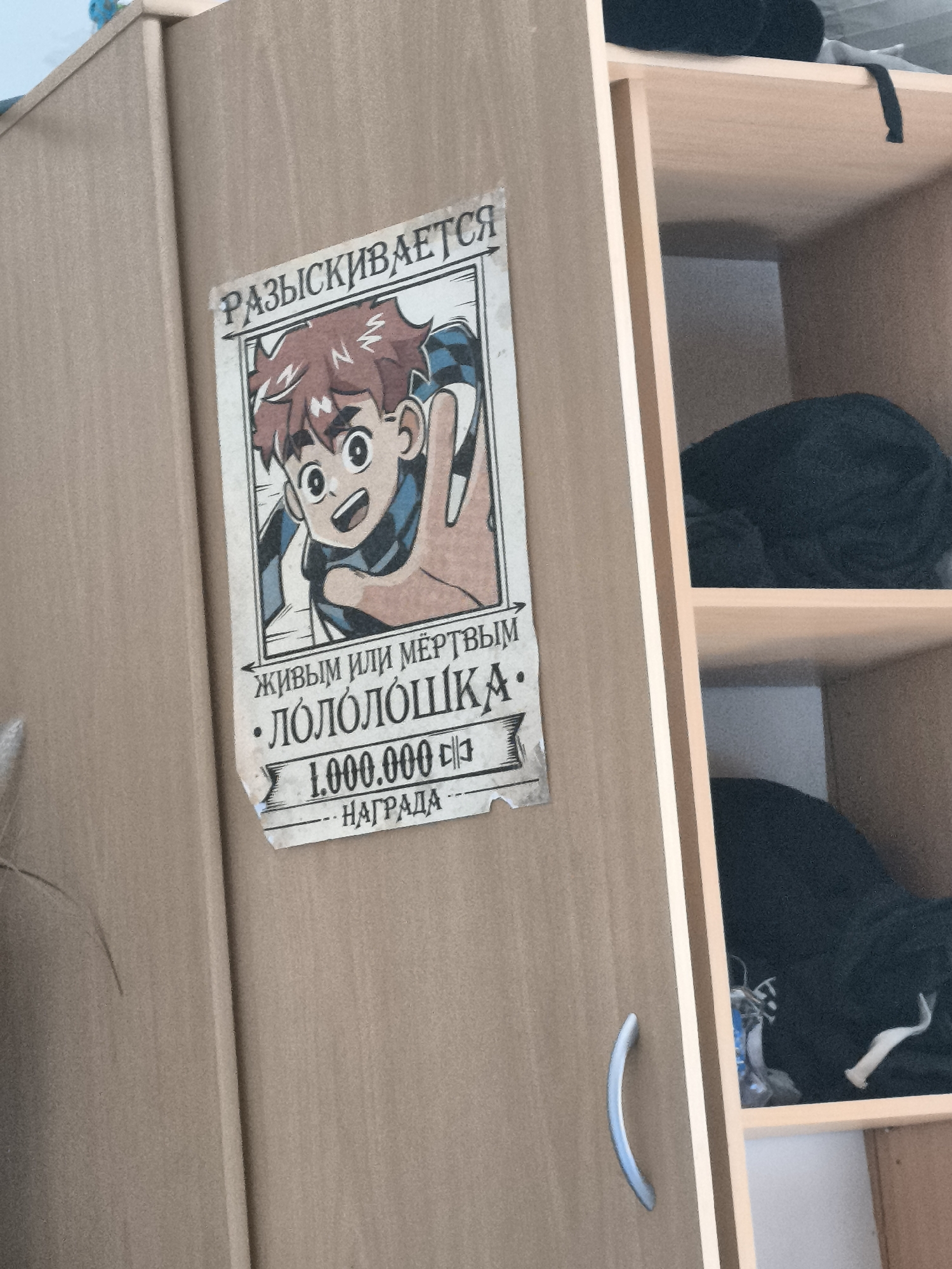 The image depicts a light brown wooden cabinet with a "Wanted" poster affixed to its door. The poster features an anime-style character with reddish-brown hair and a blue and white striped shirt. The text on the poster is in Russian, stating "Wanted, Dead or Alive: Lololoshka" with a reward of "1,000,000." The cabinet has an open section with shelves on the right side, partially filled with dark-colored clothes. The environment appears to be indoors, possibly a bedroom or living space. There is no evidence indicating that the location is Pélussin, France.