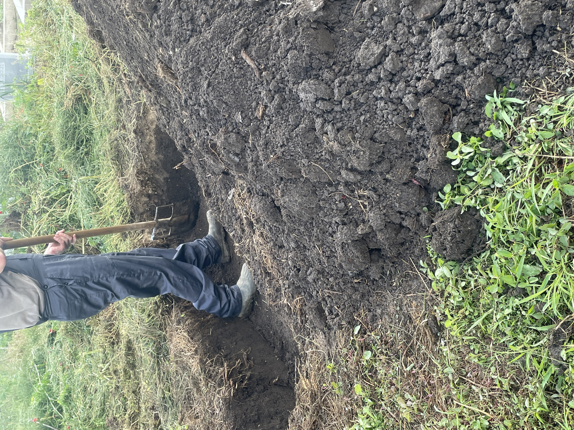 A person stands in a freshly dug trench, wielding a garden fork. The trench runs through soil covered with dry grass and some green weeds. A large pile of dark soil sits next to the trench. The person wears dark blue pants and rubber boots. The location is likely an outdoor garden or field environment. The exact location of Makariopolsko, Bulgaria, cannot be determined from the image.