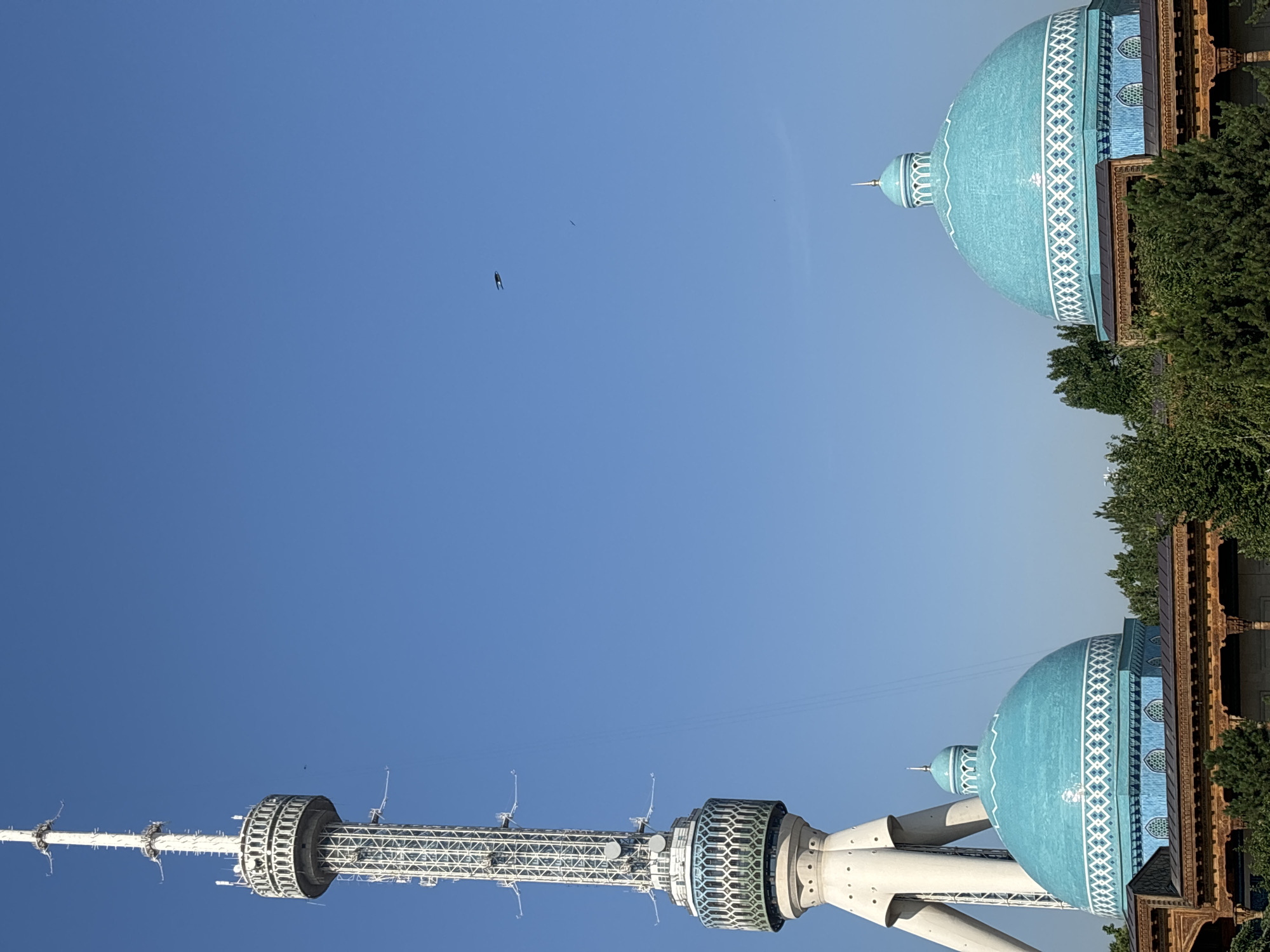 The image depicts a bright, clear day in Tashkent, Uzbekistan, showcasing the Tashkent TV Tower alongside two blue-domed buildings. The TV Tower, a prominent landmark, dominates the left side of the frame, its white lattice structure reaching high into the clear blue sky. Below the tower, part of a beige concrete base is visible. To the right of the tower, two vibrant turquoise domes are prominent. These domes, characteristic of Islamic architecture, are adorned with intricate white geometric patterns. Below the domes, there is a section of a building with carved wooden eaves and blue tiled walls. Lush green trees surround the lower portions of the buildings, suggesting a park or a well-landscaped area. The sky is a flawless, deep blue, with a few tiny dark specks that could be distant birds or possibly a kite. The overall scene conveys a sense of architectural grandeur and a peaceful, sunny day.