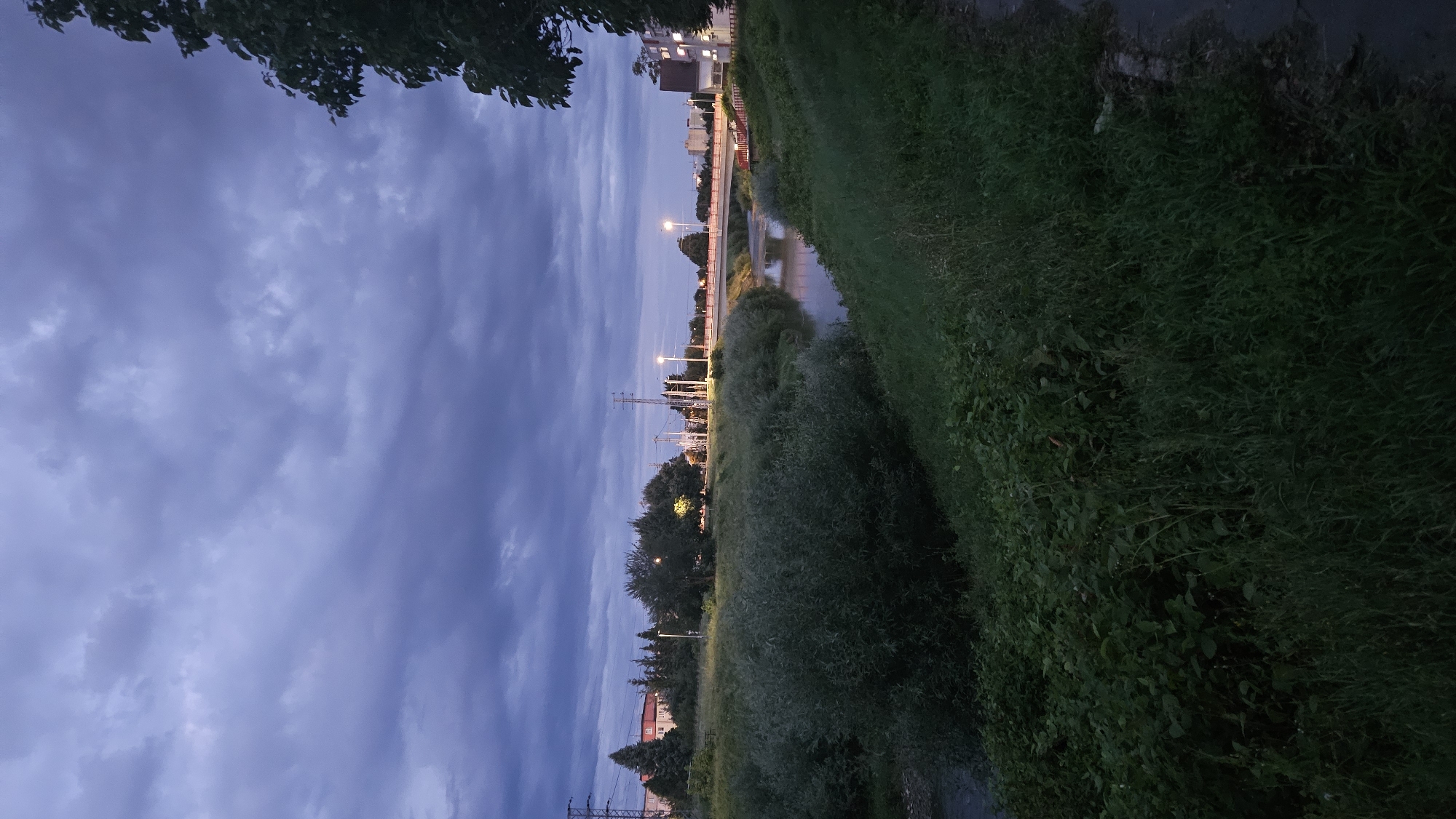 The image depicts a twilight scene of a riverbank in Prešov, Slovakia. A wide, murky river flows from right to left, bordered by overgrown green vegetation on both sides. In the foreground, dense, dark green foliage dominates the left side, with taller grass on the right. A paved path is visible along the far right edge of the image. Across the river, a modern bridge with red railings spans the water, illuminated by streetlights. Beyond the bridge, the cityscape of Prešov is visible, with buildings and streetlights creating a sense of urban sprawl. Tall power lines and utility poles are scattered throughout the background. The sky is overcast with dark, heavy clouds, suggesting the possibility of rain. The overall atmosphere is somber and subdued, characteristic of the evening hour.