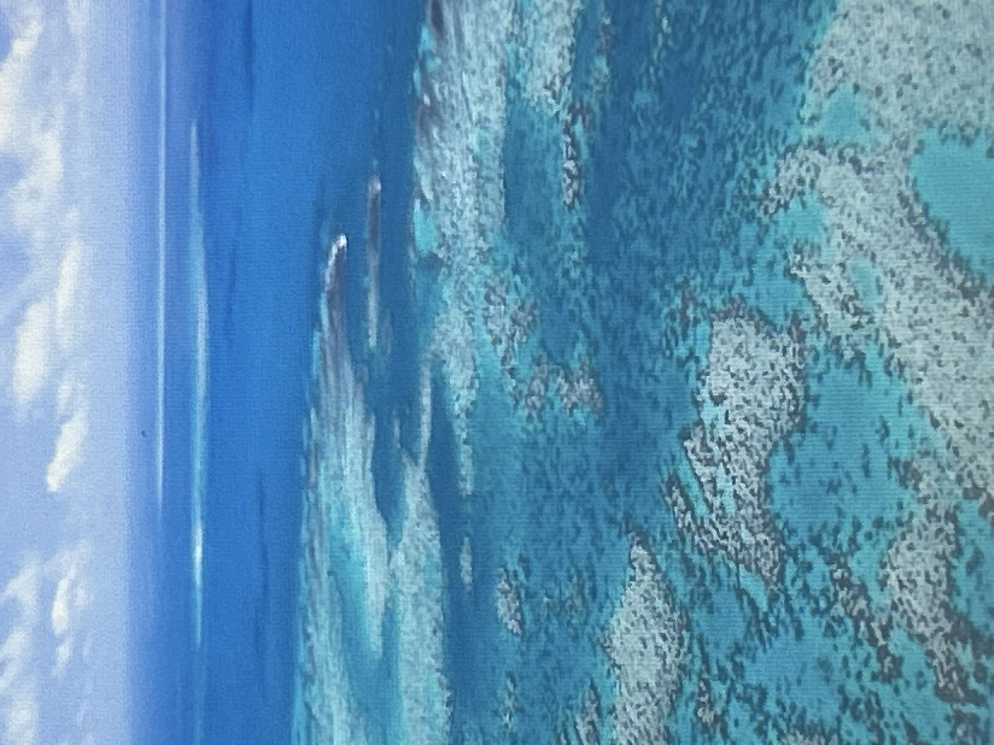 This media file is a photograph of an aerial view of a coral reef and the ocean. The reef is visible as textured, light-colored formations beneath the clear turquoise water, interspersed with darker patches that could represent deeper water or shadows. The water transitions to a deep blue towards the left side of the image, where there are also hints of white cloud formations, suggesting the perspective is from above the ocean's surface. There are no people or discernible objects in the image. The scene appears to be a natural environment, likely a tropical or subtropical marine location. The lighting suggests it is daytime, and the clear water indicates fair weather. There is no visible text in the image. The crops provided highlight the details of the coral reef structure and the gradient of the ocean's color.