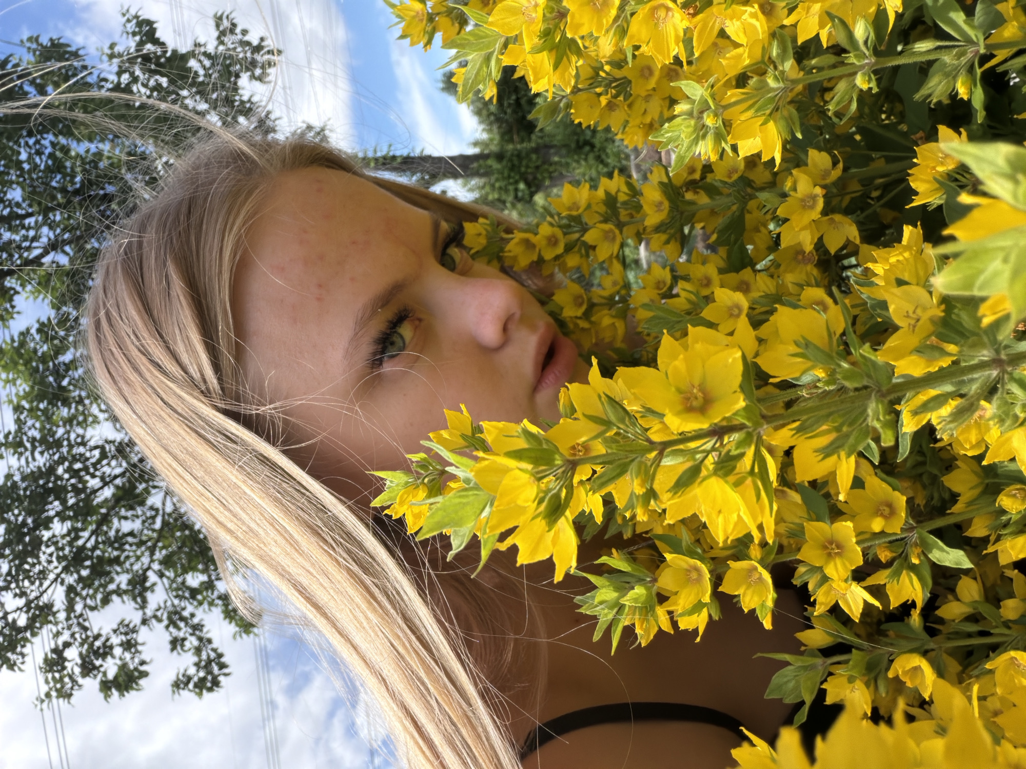 A young Caucasian woman with blonde hair and green eyes peers through a dense cluster of yellow flowers. Her face is partially obscured by her hair and the blooms, but her gaze is directed towards the viewer. She has freckles and light makeup. The background consists of a bright blue sky with scattered clouds and greenery, suggesting an outdoor setting. The image appears to be taken in Chaikovsky, Russia, likely in a park or garden during daylight hours, given the natural lighting and foliage.