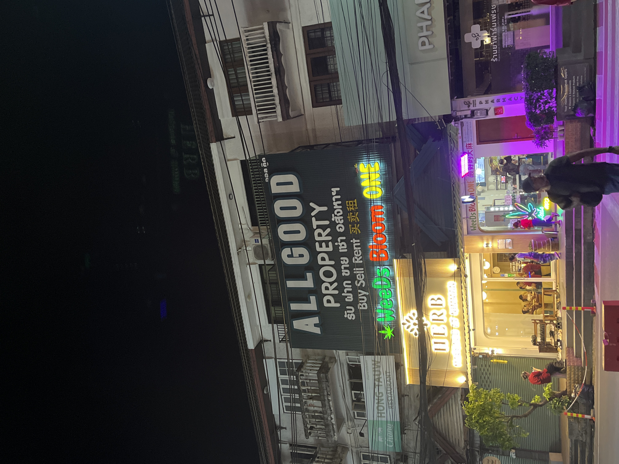 The image depicts a nighttime street scene in Chiang Mai City Municipality, Thailand. A building hosts multiple businesses, including "ALLGOOD PROPERTY," "WeeDs Bloom ONE," and "HERB." The "WeeDs Bloom ONE" sign is prominent, indicating a cannabis-related business, with "WeeDs" spelled out in green and "Bloom ONE" in red and yellow. The "HERB" sign is illuminated with lights.
People can be seen inside the "HERB" shop, and a person is sitting outside on a bench. A pharmacy with a cross symbol can be seen further down the street. Power lines are visible in the foreground, crisscrossing the image.