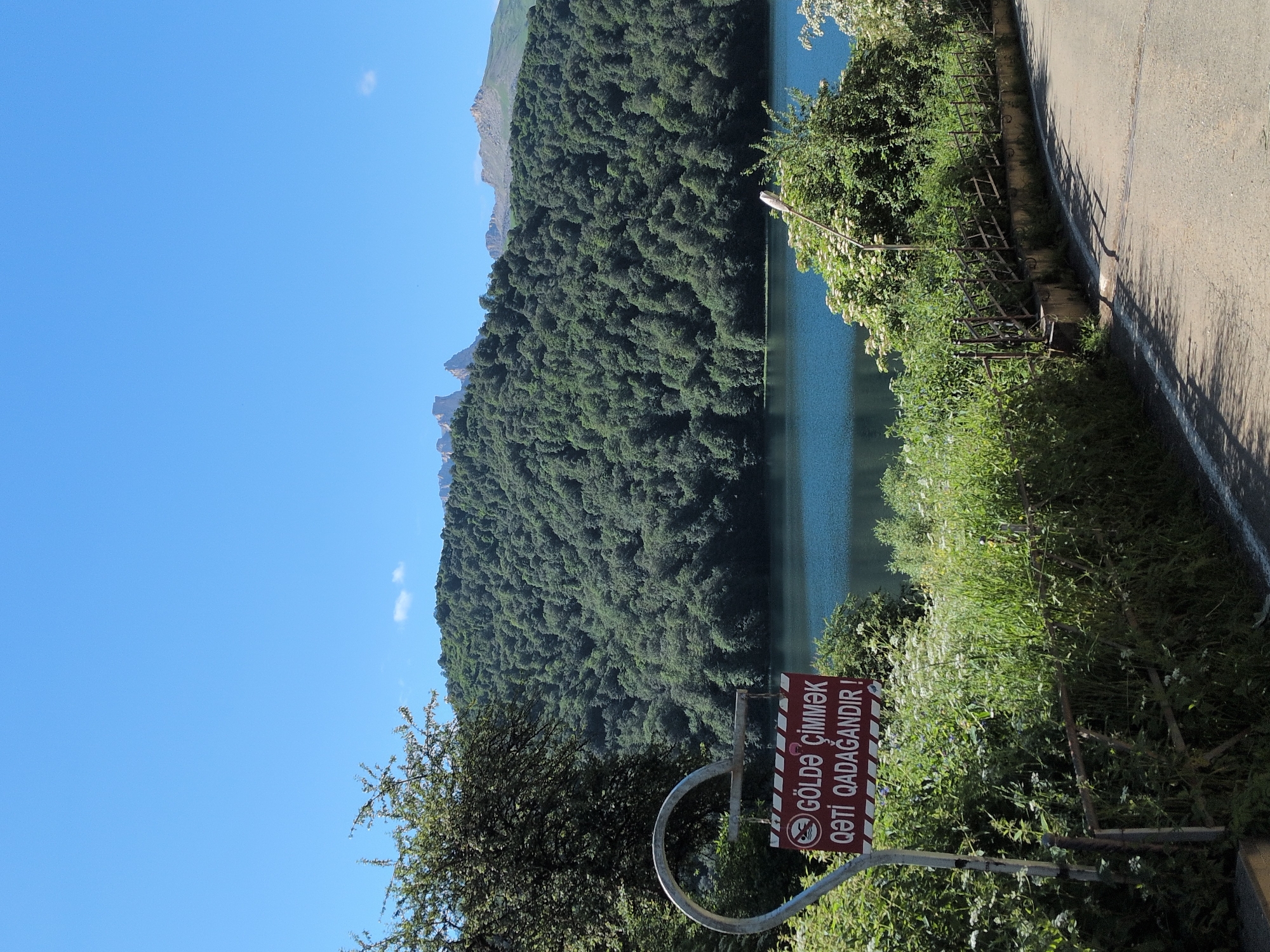 A sign reading "GÖLDƏ ÇİMMƏK QƏTİ QADAĞANDIR!" in Azerbaijani, which translates to "Swimming in the lake is strictly forbidden!", is posted on a metal pole near a road. The sign is red and white and depicts a crossed-out swimmer. Behind the sign, a calm blue lake is visible, surrounded by a dense, green, tree-covered mountain range. The sky above is clear and blue. The road in the foreground is paved and appears to be a park or scenic route, with a low, weathered metal fence separating it from a lush green embankment covered in various plants and wildflowers. A single street light is also present among the vegetation. The overall scene suggests a natural landscape with a prohibition against swimming in the lake.