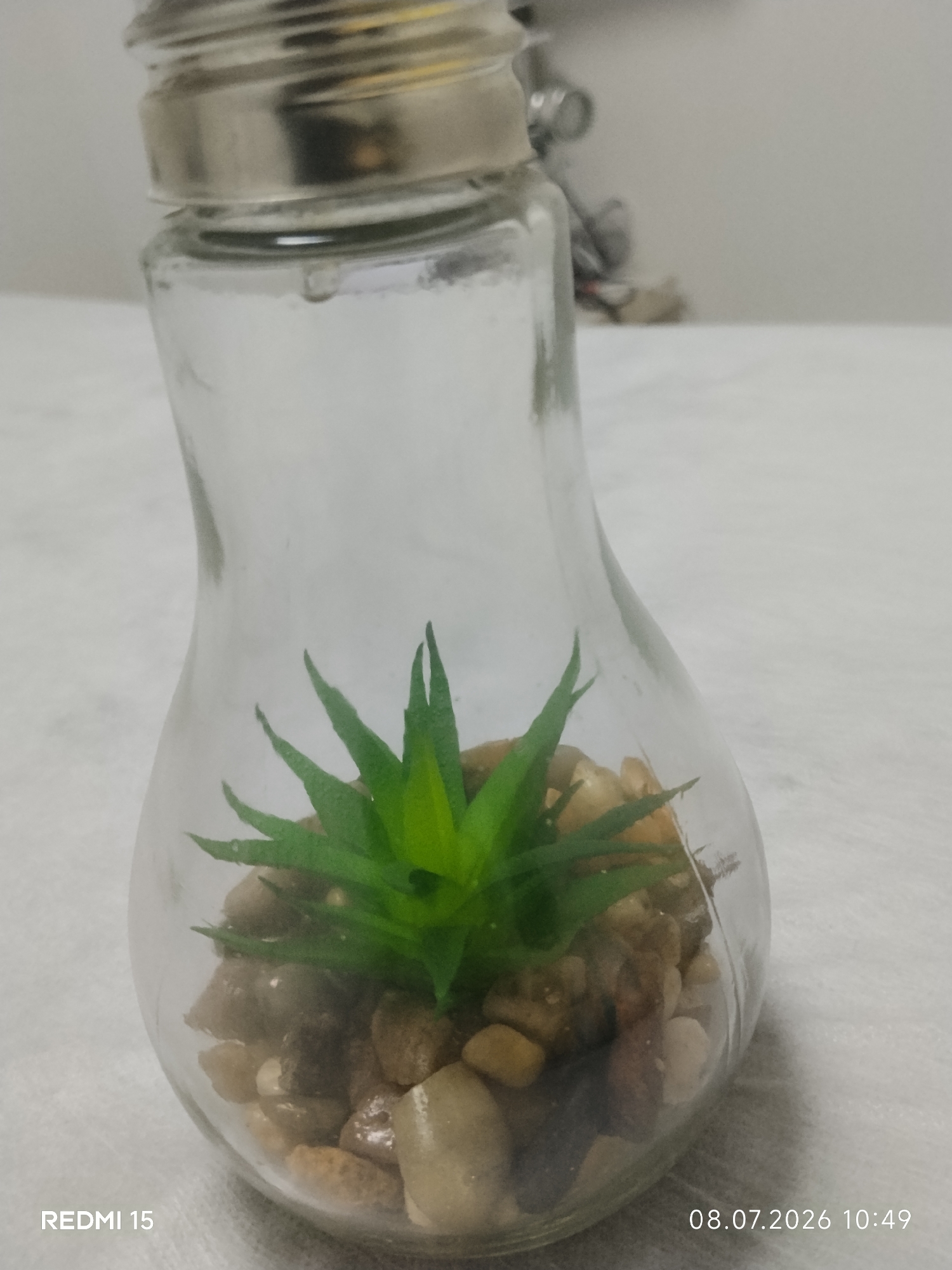 A glass light bulb terrarium containing a small green succulent plant with pebbles at its base rests on a textured white surface. The terrarium has a silver metallic cap. In the background, a blurred metallic object is visible against a plain wall. The scene appears to be indoors. There are no people or animals present. A timestamp in the bottom right corner reads "08.07.2026 10:49" and "REDMI 15" is in the bottom left. The location of Bălți, Moldova is not indicated by any visible elements in the image.