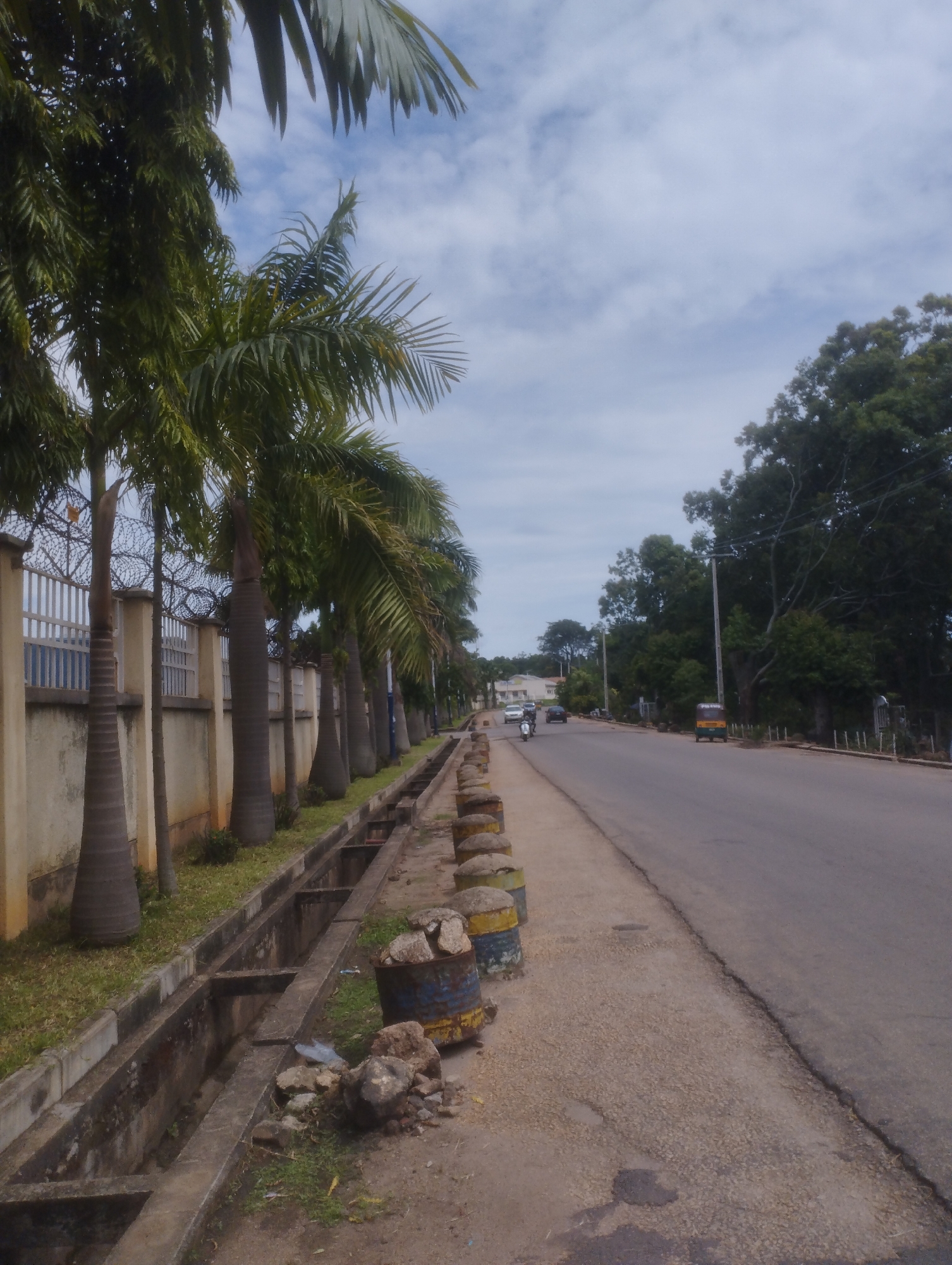 The image depicts a roadside scene in Jos, Nigeria, under an overcast sky with scattered white clouds. On the left, a row of slender palm trees with distinctive bottle-shaped trunks lines a paved area adjacent to a low, light-colored concrete wall topped with a white metal fence and coiled razor wire. Behind these trees, dense green foliage is visible, with fronds of a palm tree extending into the upper left frame.
Parallel to the trees and wall, a concrete drainage ditch runs along the edge of a dirt and gravel sidewalk. The ditch has several concrete cross-supports. Along the outer edge of the sidewalk, several yellow and blue painted cylindrical concrete barriers are visible, some partially broken. Adjacent to these barriers and near the drainage ditch, a cluster of rocks and a rusted, blue and yellow barrel containing debris are present.
The paved asphalt road, showing signs of wear and minor cracking, stretches from the foreground towards the background, gently curving upwards and to the left. On the road, a white motorcycle is observed moving away from the viewer on the left side of the lane. Further down the road, a white car and a darker vehicle are also proceeding in the same direction. On the right side of the road, a yellow and black three-wheeled auto-rickshaw is visible further in the distance.
The right side of the road is bordered by a dense line of large, leafy trees forming a thick green canopy. A tall, dark streetlight pole stands among these trees. Distant white buildings are faintly discernible through gaps in the trees on the far right background. No discernible individuals are clearly visible performing specific actions, apart from the person riding the motorcycle.