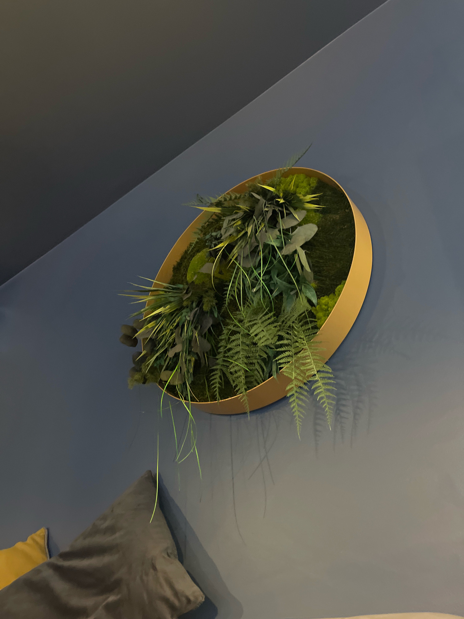 The image shows a circular, gold-framed wall art filled with various types of artificial plants, including ferns and long, wispy green strands. The art is mounted on a dark blue wall. In the lower left corner of the image, there are two pillows, one dark gray and one yellow, resting on what appears to be a couch. The lighting suggests an indoor environment. There is no identifiable information in the image to indicate its location in Tallinn, Estonia.