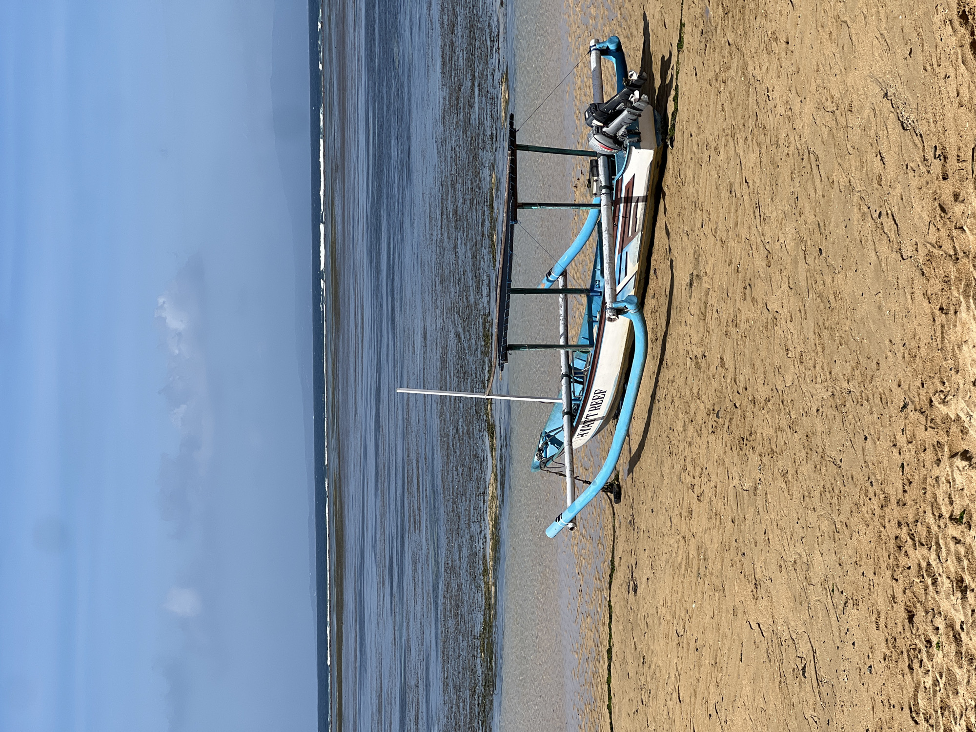 A traditional Balinese outrigger boat with a blue hull and white trim, labeled "HYATT REEF," rests on a sandy beach. The boat has a canopy supported by poles and is equipped with an outboard motor at the stern. The shallow water behind the boat is partially covered with dark seaweed or algae, with small waves breaking in the distance. The sky is blue with some scattered clouds, and a faint outline of mountains can be seen on the horizon. The scene is likely located at a beach in Denpasar, Indonesia, a popular tourist destination known for its coastal areas.