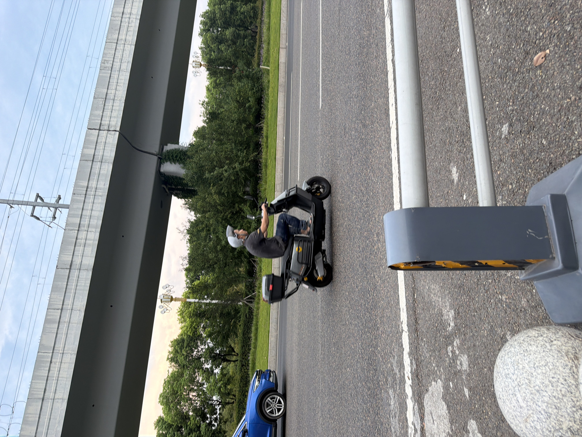 A medium shot captures a man in a gray helmet, black t-shirt, and blue jeans riding a gray electric scooter on an asphalt road. The scooter has a black storage box mounted on the rear. To the left of the scooter, a blue car drives on the same road. The road is marked with white lines. In the background, a concrete overpass stretches across the frame, supported by pillars overgrown with green vines. Beyond the overpass, lush green trees form a dense line, with a cloudy sky above. The foreground features a gray traffic barrier with yellow reflective tape and a large, round, gray speckled boulder. The scene appears to be on a road in Jiangjin, China.