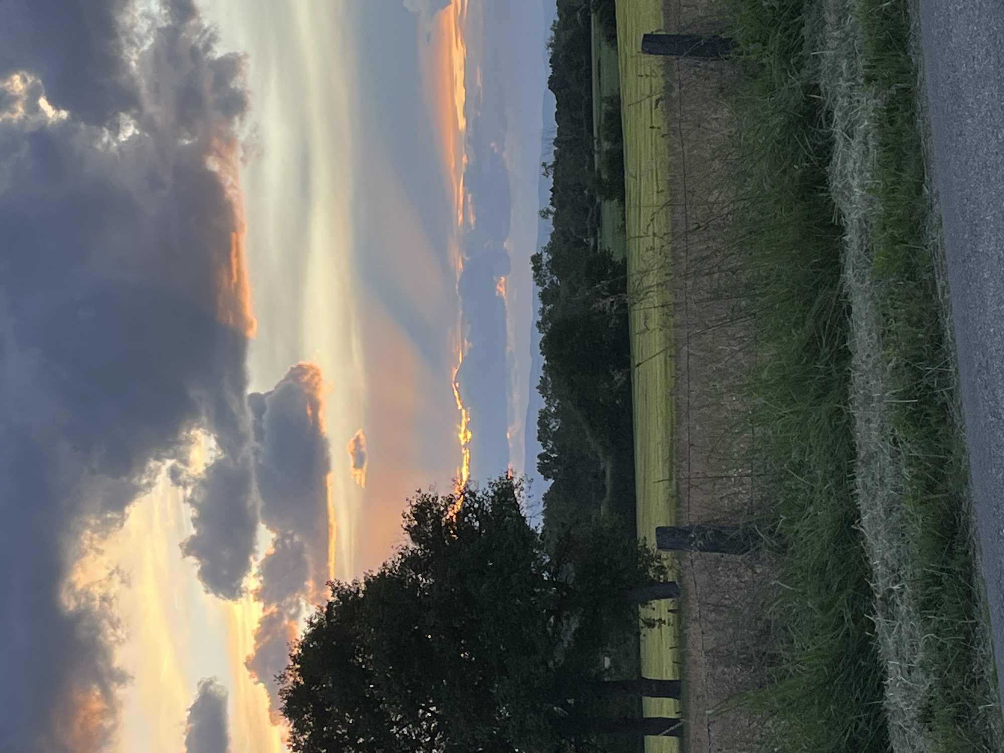 The image shows a rural landscape at dusk or dawn, likely taken near Chambœuf, France, based on the request. In the foreground is a grassy verge alongside a road with a wire fence separating it from a field. Dark trees are silhouetted against the sky. The sky is dramatic, featuring clouds illuminated by the sun, with distinct rays visible. The light suggests a time around sunrise or sunset.