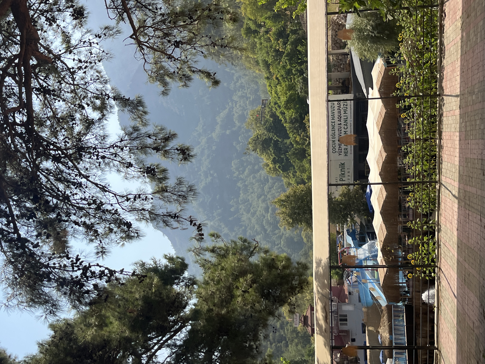 The image depicts an outdoor scene with a water park in Alanya, Turkey. In the foreground, a paved walkway with a brick pattern leads the eye towards a fenced area with thatched-roof cabanas and sunflowers. Beyond this, a white awning covers a seating area. Visible behind the awning is a water park with blue slides and a building. Overhead, pine branches laden with cones frame the top of the image, with a hazy, tree-covered mountain range in the background under a clear sky.