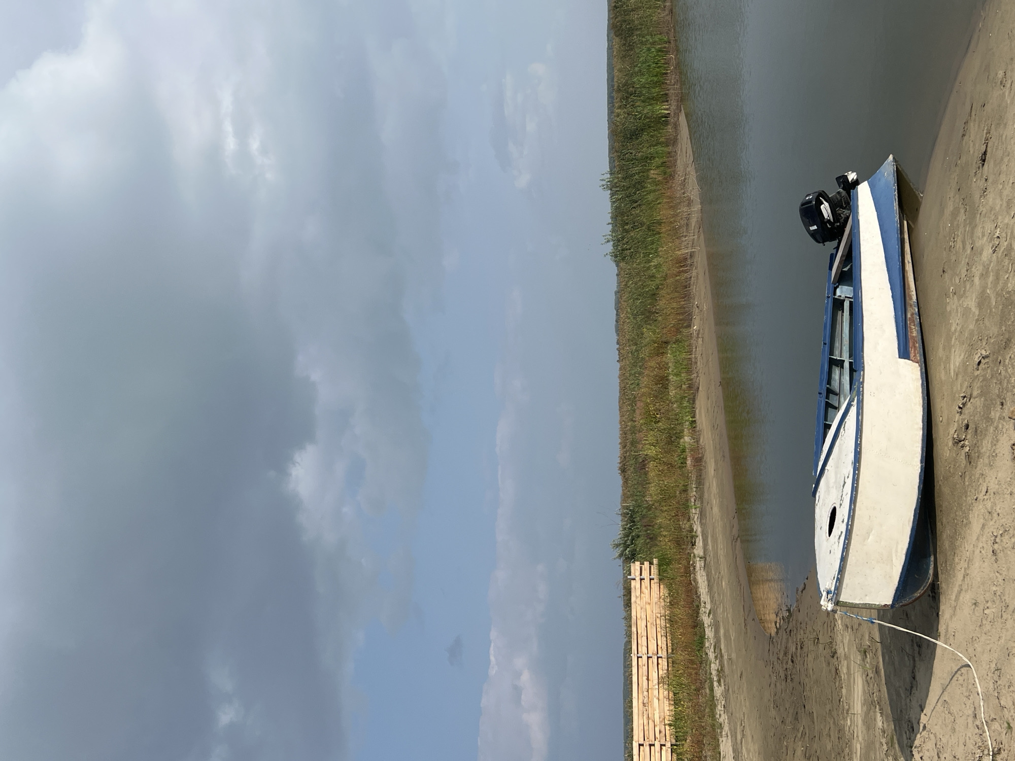 In Novopichugovo, Russia, a small, white and blue boat with a black outboard motor rests on a sandy shore adjacent to a body of calm water. The boat is tied to the shore with a white rope. Behind the boat, tall, dry grass and reeds line the water's edge, extending towards a flat horizon. In the distance, a wooden fence-like structure is visible on the left side of the frame. The sky above is filled with a mix of dark grey and lighter blue clouds, suggesting overcast weather. The scene depicts a tranquil, rural waterside setting.