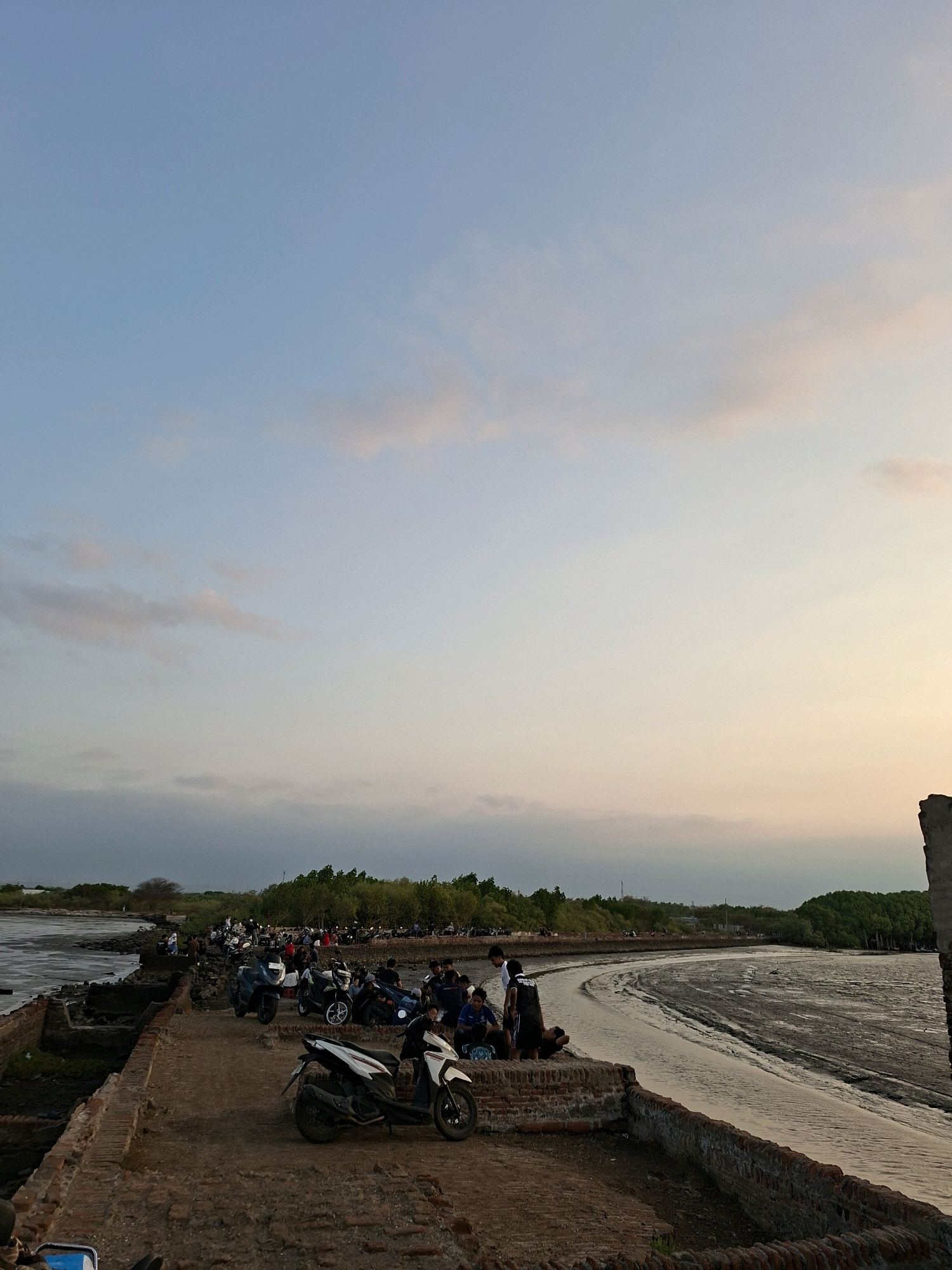 The image depicts a scenic view of the coastline in Tongas Kulon, Indonesia, during what appears to be late afternoon or early evening. The sky is a gradient of pale blue with wisps of pink and orange clouds, transitioning to a lighter, almost white hue near the horizon. In the foreground, a weathered brick pathway runs alongside a muddy tidal flat. Several parked motorcycles are visible on the pathway, suggesting a gathering of people.
A group of individuals are scattered along the pathway and the edge of the tidal flat, some standing, some sitting, and some appearing to be engaged in conversation or observation. The individuals are dressed in casual clothing. The environment is characterized by the coastal landscape, with lush green trees lining the distant shoreline. The tidal flat is exposed, revealing the muddy terrain with channels carved by the receding water. The overall atmosphere is serene and suggests a popular spot for locals to gather and enjoy the coastal scenery.