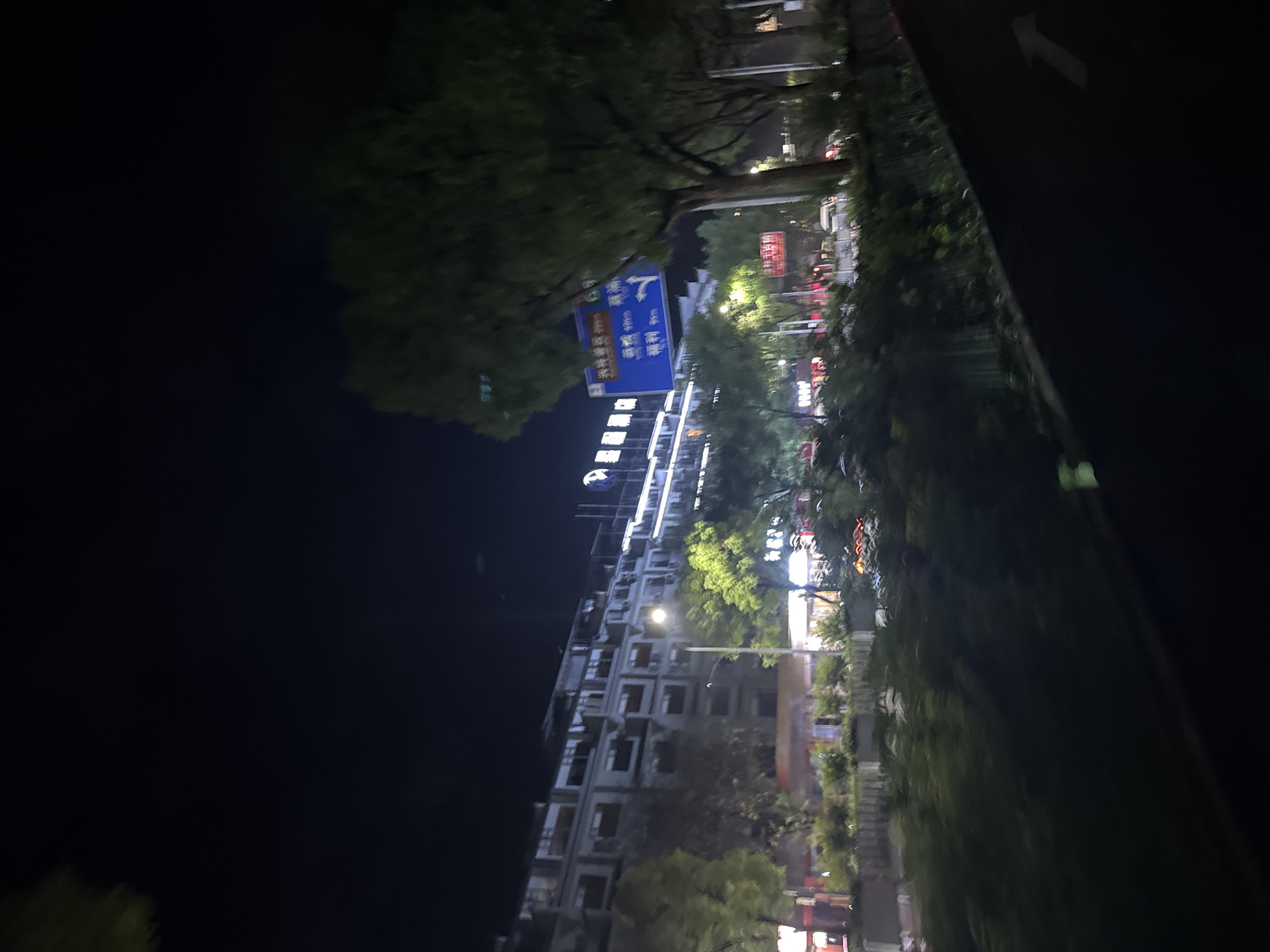 At night in Guilin, China, the image shows an urban landscape featuring a building with multiple floors and lit windows, a street sign directing traffic with arrows and Chinese characters, trees with green foliage, streetlights illuminating the scene, and indistinct shapes that suggest passing vehicles or objects along a roadside. The setting appears to be along a road or street, with the angle of the image suggesting it might have been taken from the side of the road or possibly from a vehicle.