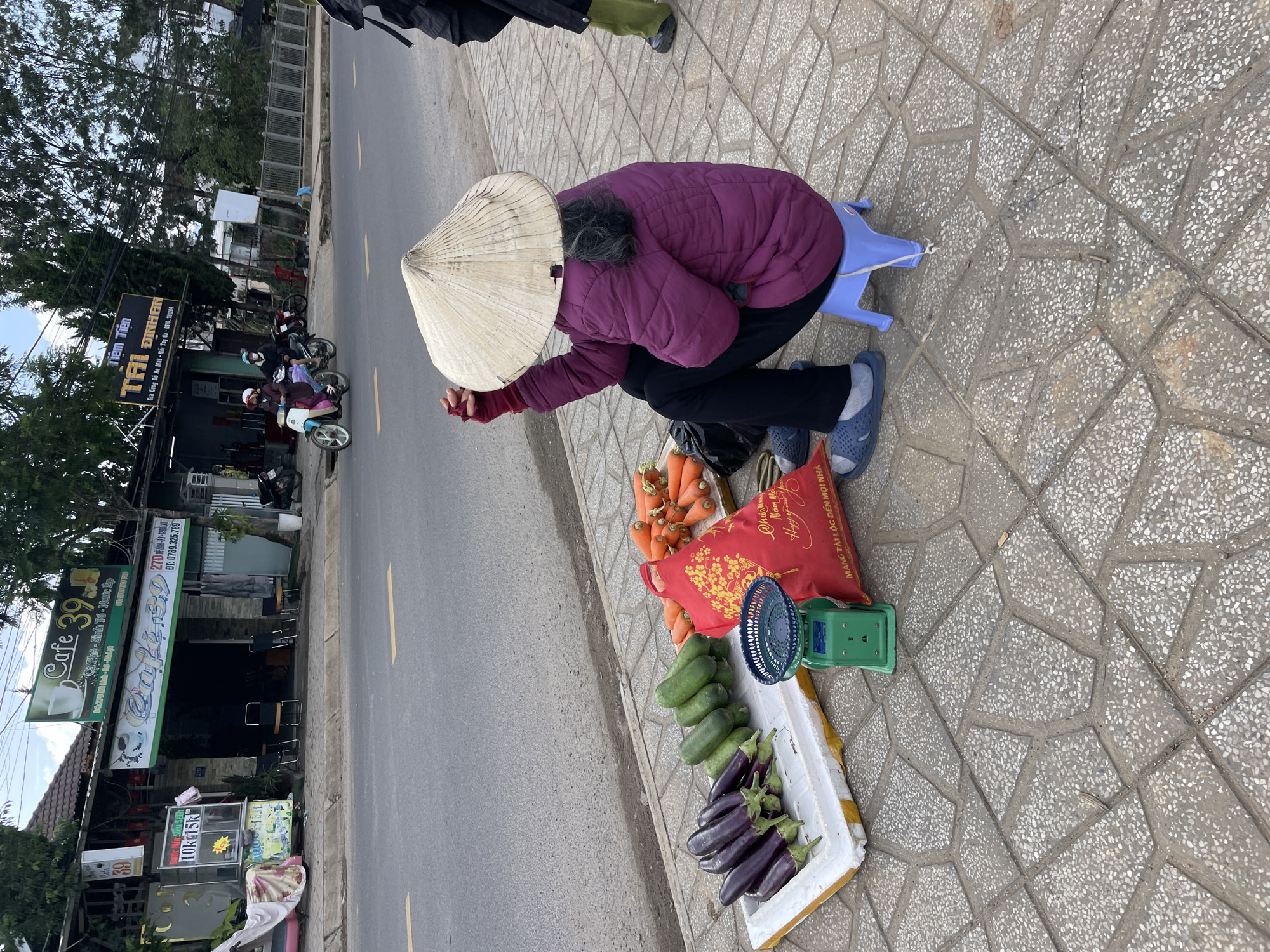 This image captures a street scene in Lâm Viên - Đà Lạt, Vietnam, focusing on a street vendor. In the foreground, a person, likely a woman, is squatting on a small blue plastic stool on a patterned tiled sidewalk. She wears a traditional conical hat (nón lá), a purple padded jacket, black pants, and blue sandals. She appears to be managing her small stall, with her right hand extended as if reaching for or holding an item.
Displayed on the ground in front of her are various fresh vegetables, including bright orange carrots, green gourds or squashes, and purple eggplants, arranged in a white container and piled on the sidewalk. A red fabric bag, a green weighing scale, and a small blue fan are also part of her vendor setup.
The scene unfolds during daylight hours, likely under an overcast sky or during softer light conditions. The sidewalk borders a paved road where several motorcycles are parked. In the background, commercial buildings and trees line the street.
Visible text on signs provides additional context:
- A prominent sign for "Cafe 39" advertises "Cà Phê - Sinh Tố - Nước Ép" (Coffee - Smoothies - Juices) with a phone number "DT: 0789.325.789" and pricing "10k 15k."
- Another sign indicates "Tiệm Tiện TẠI ĐỊNHAN," offering services like "Gia Công Đó Xe Máy - Nón Tay Ga" (Motorcycle repair/parts, helmets, scooter repair) along with a phone number.
- The red fabric bag on the ground features celebratory text: "Chúc Mừng Năm Mới" (Happy New Year) and "MẠNG TÀI LỘC ĐẾN MỌI NHÀ" (May good fortune come to every home), suggesting the image might have been taken around the Lunar New Year.
The image portrays a common sight of local commerce and daily life in a Vietnamese urban setting.