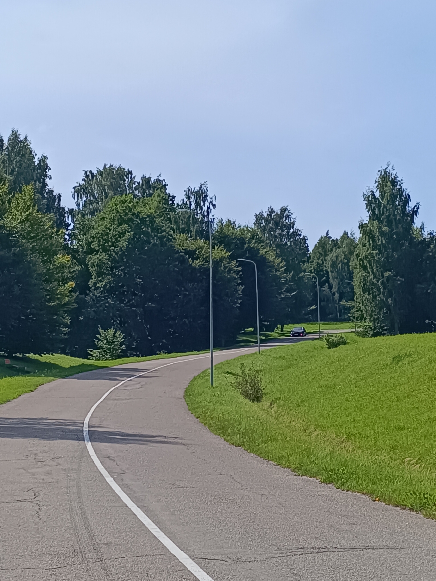 The image depicts a winding asphalt road with a white line marking its center, curving through a park-like environment with lush green grass and dense trees under a clear blue sky. Streetlights are visible along the road. In the distance, a dark-colored car is seen driving on the road. The scene is static and captures a moment in time within a natural setting. The location is identified as Aizpute, Latvia.