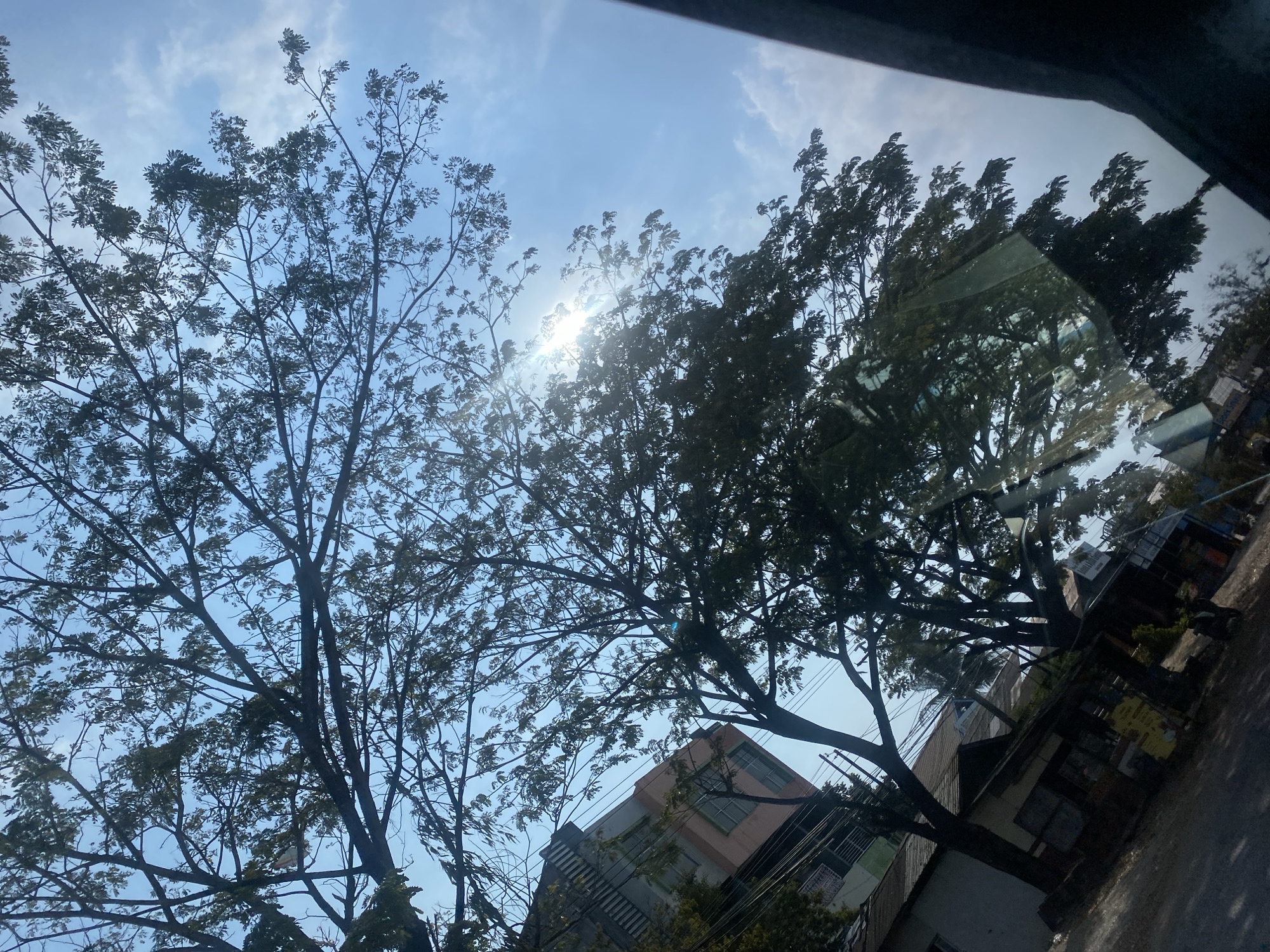 A low-angle shot captures a view through tree branches toward a bright sky with scattered clouds. The sun is positioned in the upper center, partially obscured by foliage, creating lens flare. To the left, a multi-story building with light pink and grey facades is visible, along with a section of roof that appears to be residential. Power lines crisscross the scene. In the foreground, a street runs diagonally, bordered by low-lying structures that seem to be shops or market stalls. A motorcycle is parked on the street. The overall scene suggests an outdoor urban or semi-urban environment.