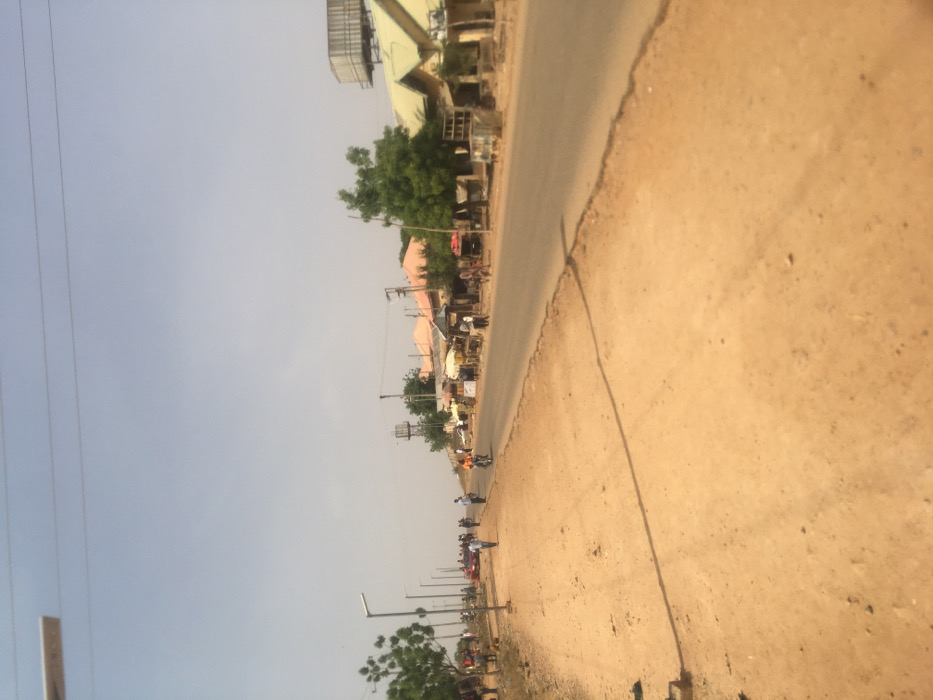 The image displays a daytime street scene in Pindiga, Nigeria, observed from a low angle. A paved, two-lane asphalt road extends into the distance, flanked by wide, unpaved reddish-brown earth shoulders. The sky is a clear, light blue. Overhead power lines are visible across the upper portion of the frame.

Along the left shoulder, several streetlights on poles line the road. Scattered green trees are present on both sides. On the right side, a series of single-story buildings with various light-colored roofs, including reddish and light green/yellow corrugated metal, line the street. In front of these structures, multiple roadside stalls, some with awnings, are set up, suggesting commercial activity. Two elevated water tanks are visible: a large, square corrugated metal tank atop a building on the far right, and a smaller, cylindrical tank further down the road on the left.

Approximately a dozen individuals are present, primarily pedestrians. Several people are walking on the paved road and the unpaved shoulders, moving in various directions. One individual is riding a motorcycle (okada) on the paved road, moving away from the viewer in the mid-ground. A red vehicle is partially visible further down the road on the left. There are no direct interactions clearly discernible between individuals. The environment suggests an active community street.