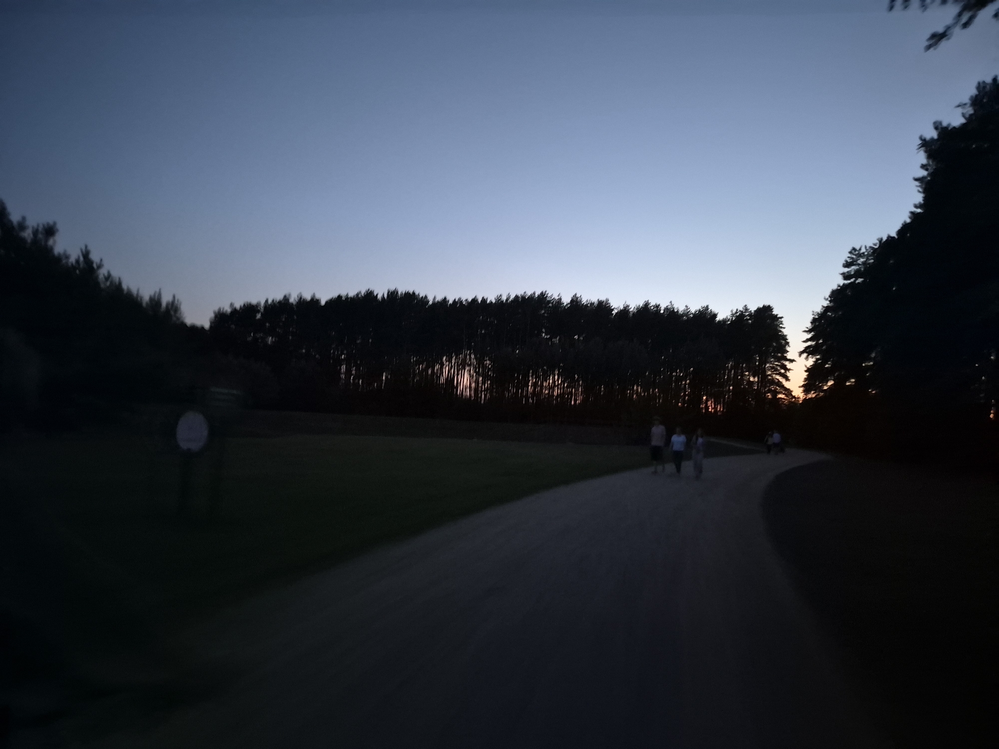 The image captures a dusky outdoor scene, likely in a park or wooded area, with a clear, pale blue sky transitioning to darker tones near the horizon. Silhouetted against the sky is a dense line of trees, with hints of warm light, possibly from the setting sun, peeking through the gaps between the branches. In the foreground, a paved path curves through the scene. A group of four individuals are walking away from the camera on this path. To the left of the path, a grassy area is visible, with a faint, circular white sign on a pole. The overall ambiance is serene and peaceful, indicative of an evening stroll in a natural setting. The location is identified as the city of Minsk, Belarus.