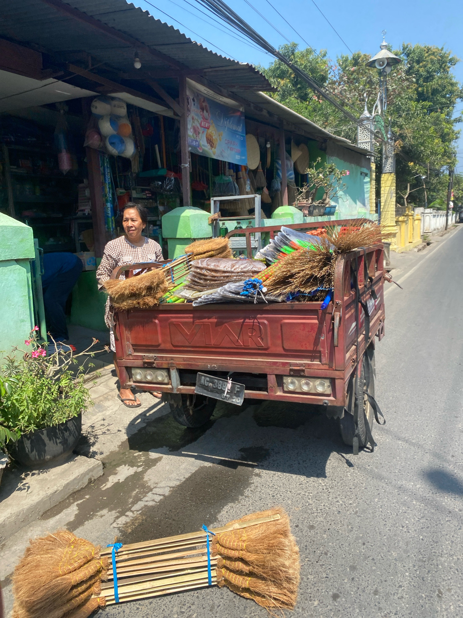 In Kediri City, Indonesia, a woman stands next to a red truck loaded with brooms. The woman, wearing a brown and white checkered patterned shirt, is looking to her right, with a slight smile. Her feet are bare, with her left foot resting on the truck's bumper. The truck is parked on a paved street, partially on the sidewalk which is made of concrete.
The truck bed is filled with a large quantity of brooms. Some are wrapped in plastic, while others are loose. The handles of many brooms are visible, in various colors like green and blue. Two bundles of brooms are placed on the ground in front of the truck. The one on the left is tied with yellow string, and the one on the right is tied with blue string, showing the wooden handles.
Behind the woman and truck is a building with a corrugated metal roof, appearing to be a shop or market stall. Various items are visible inside the stall, including what look like balls and other merchandise. A potted plant with pink flowers sits on the left side of the sidewalk. The background shows trees and a street lamp, indicating an urban or semi-urban environment. The sky is clear and blue.