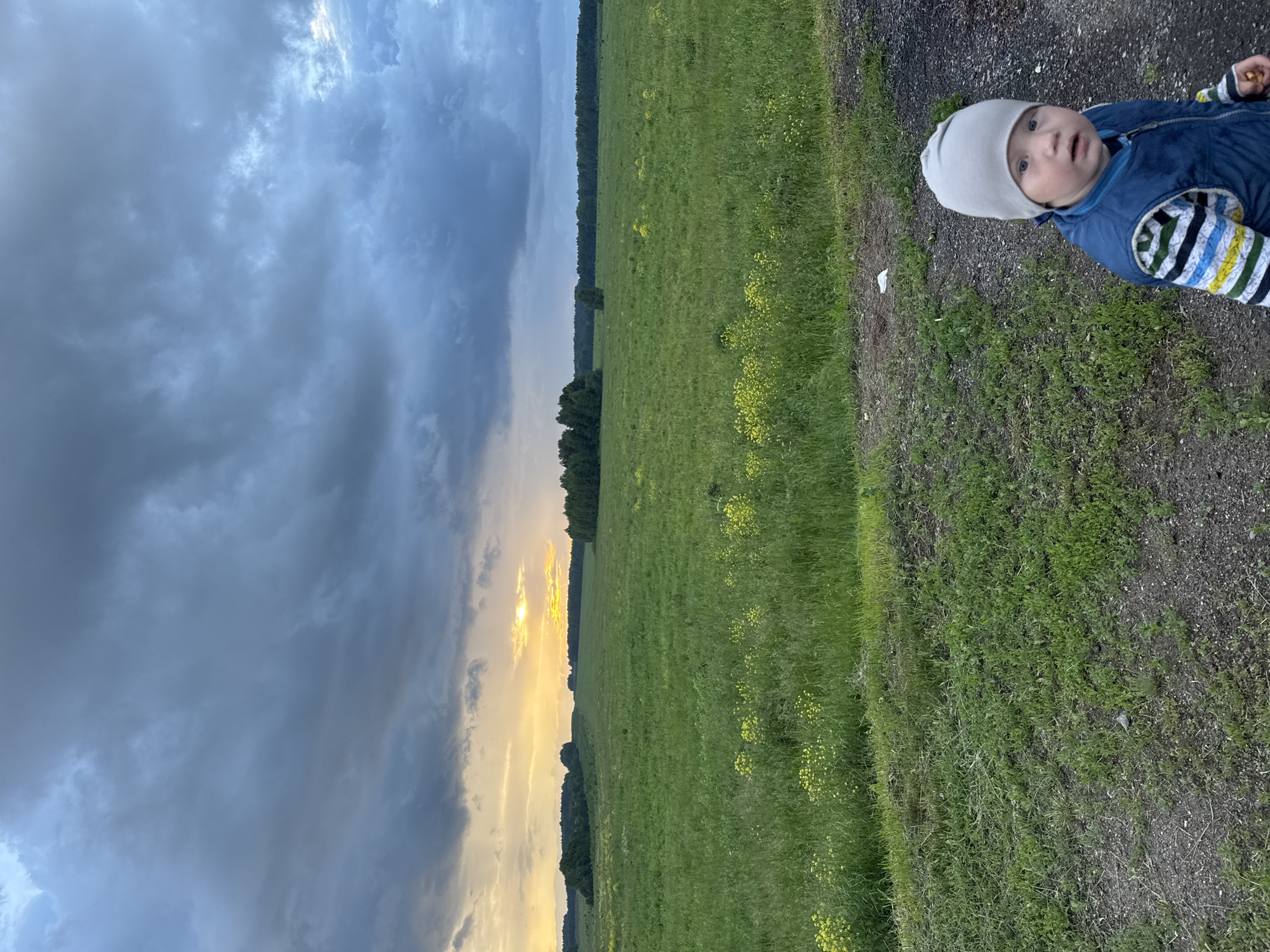 An outdoor, eye-level, medium shot captures a young child in the foreground and a vast field with a stormy sky in the background. The child, a toddler with light skin and blue eyes, wears a grey beanie, a blue vest over a striped long-sleeved shirt, and is looking directly at the camera. The child's mouth is slightly open, and their expression is neutral. The child is standing on a dirt and gravel path bordering a lush green field dotted with small yellow flowers. The field extends to the horizon, where it meets a dark line of trees. Above the treeline, a dramatic sky is filled with dark, heavy clouds, with a sliver of bright orange and yellow light breaking through on the left side, indicating sunset or sunrise. The location is identified as Polozovo, Russia.