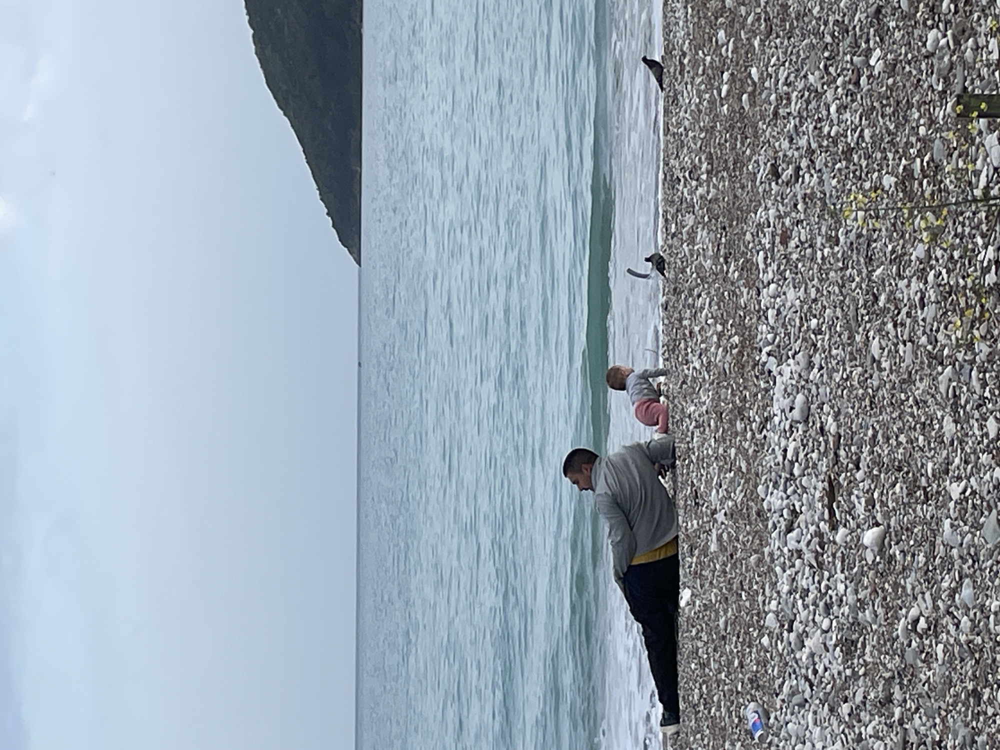 On a pebble beach in Budva, Montenegro, a man in a grey jacket and dark trousers stands near the water's edge, seemingly observing the ocean. A child in a pink outfit is nearby, also close to the water. The sea is grey-blue with small waves. A mountain or hill is visible in the background. Two birds are also present on the pebble beach.