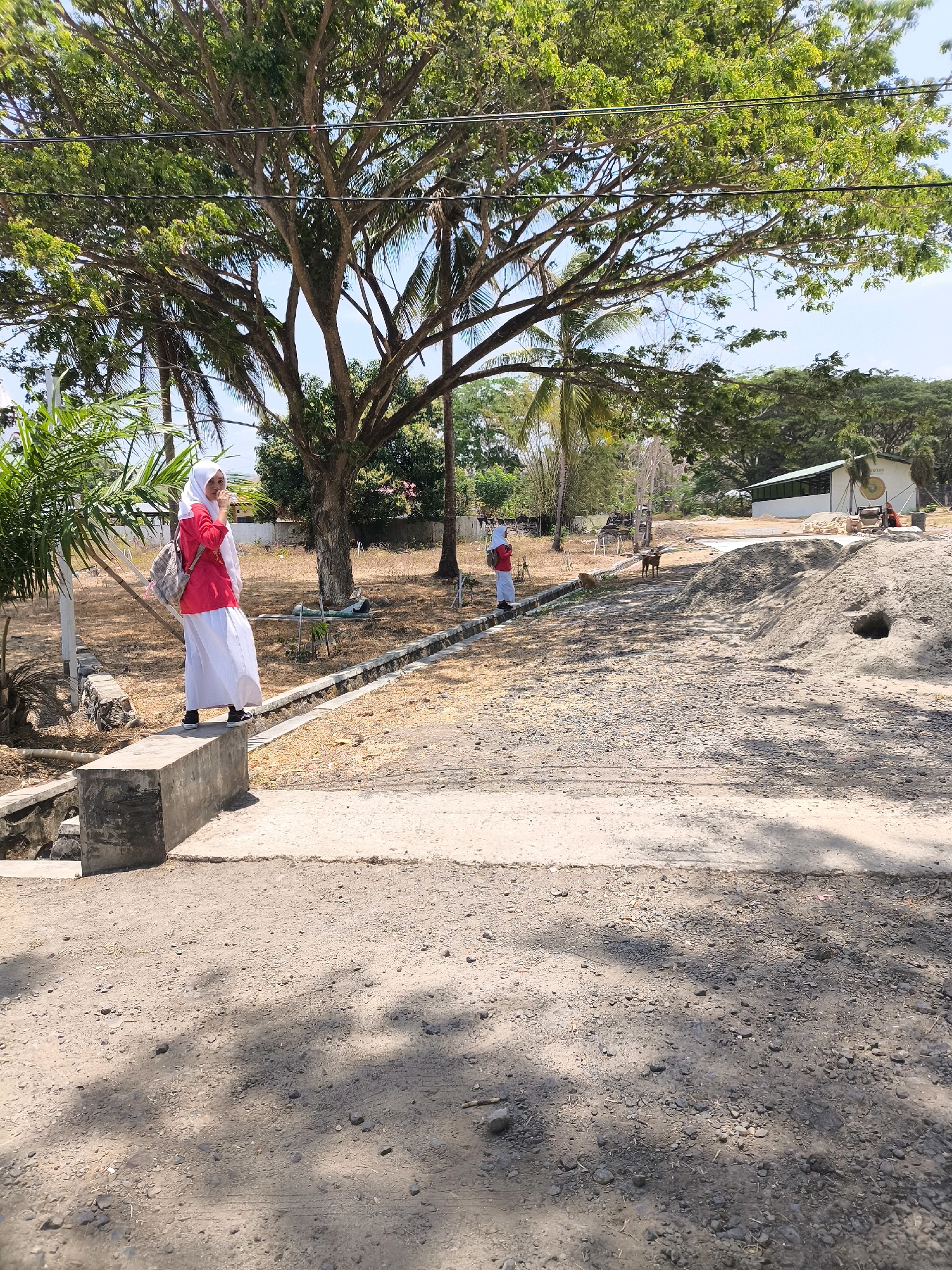 In the city of Unknown, Indonesia, two young women in hijabs are standing near a construction area under a large tree with lush green foliage. The woman on the left is positioned on a concrete ledge, wearing a white abaya and a bright pink outer garment, with a backpack slung over her shoulder. She is looking to her right, away from the camera, and appears to be touching her face. The other woman is further in the background, also in a white abaya and pink outer garment, walking away from the camera.
The environment is a mix of dry, dusty ground with scattered rocks and patches of sparse vegetation. In the background, there is a pile of sand, construction equipment, and a building with a green roof. The sky is bright blue, indicating a sunny day. The scene suggests a rural or semi-urban setting with ongoing construction.