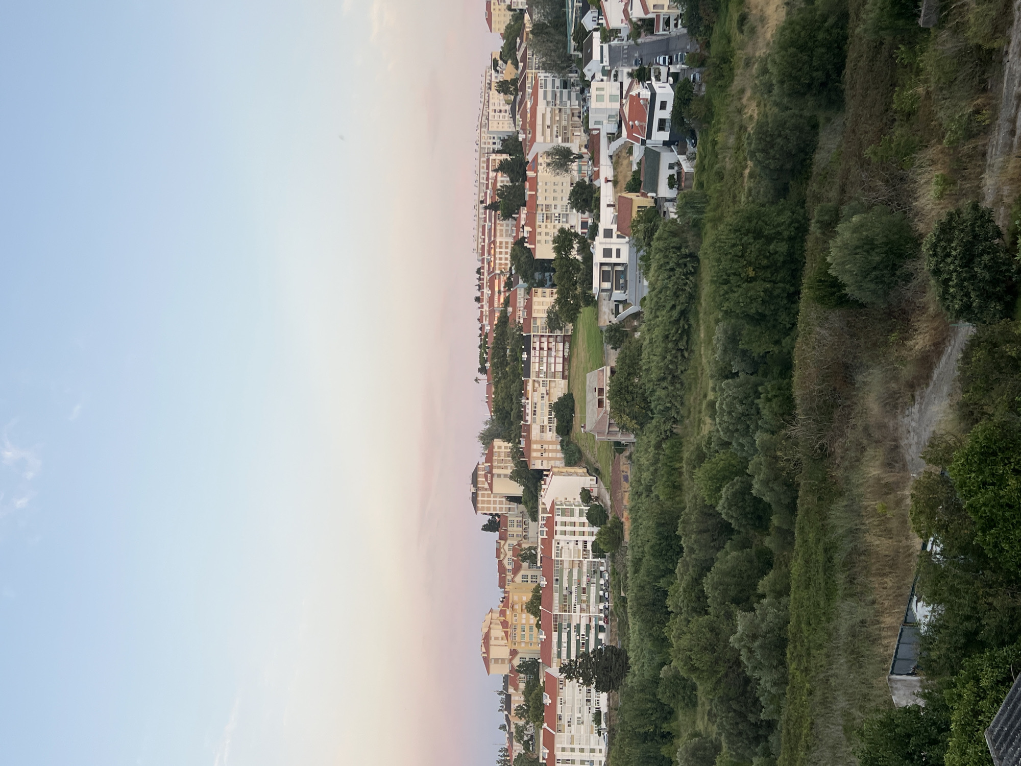 This is an aerial, high-angle, full-shot photograph of a residential area in Cascais, Portugal, taken during the golden hour. The sky is a gradient of light blue at the top, transitioning to soft pink and peach hues near the horizon, indicating either sunrise or sunset.
The midground and background are filled with a dense urban landscape composed of numerous buildings. These structures vary in height, with many appearing to be multi-story apartment buildings and houses. The architecture is characteristic of a Mediterranean style, with many buildings featuring terracotta or red-tiled roofs. Some buildings are painted in white, yellow, and cream colors. The buildings are clustered together, suggesting a moderately dense residential neighborhood.
In the foreground and between the buildings, lush green vegetation dominates. This includes numerous trees and shrubs, forming a dense canopy in some areas and more scattered foliage in others. There are also patches of drier, grassy areas, particularly in the immediate foreground, with some evidence of bare earth and gravel pathways. A few parked cars are visible on streets winding through the neighborhood. The overall impression is one of a developed urban area nestled within a verdant, natural setting.