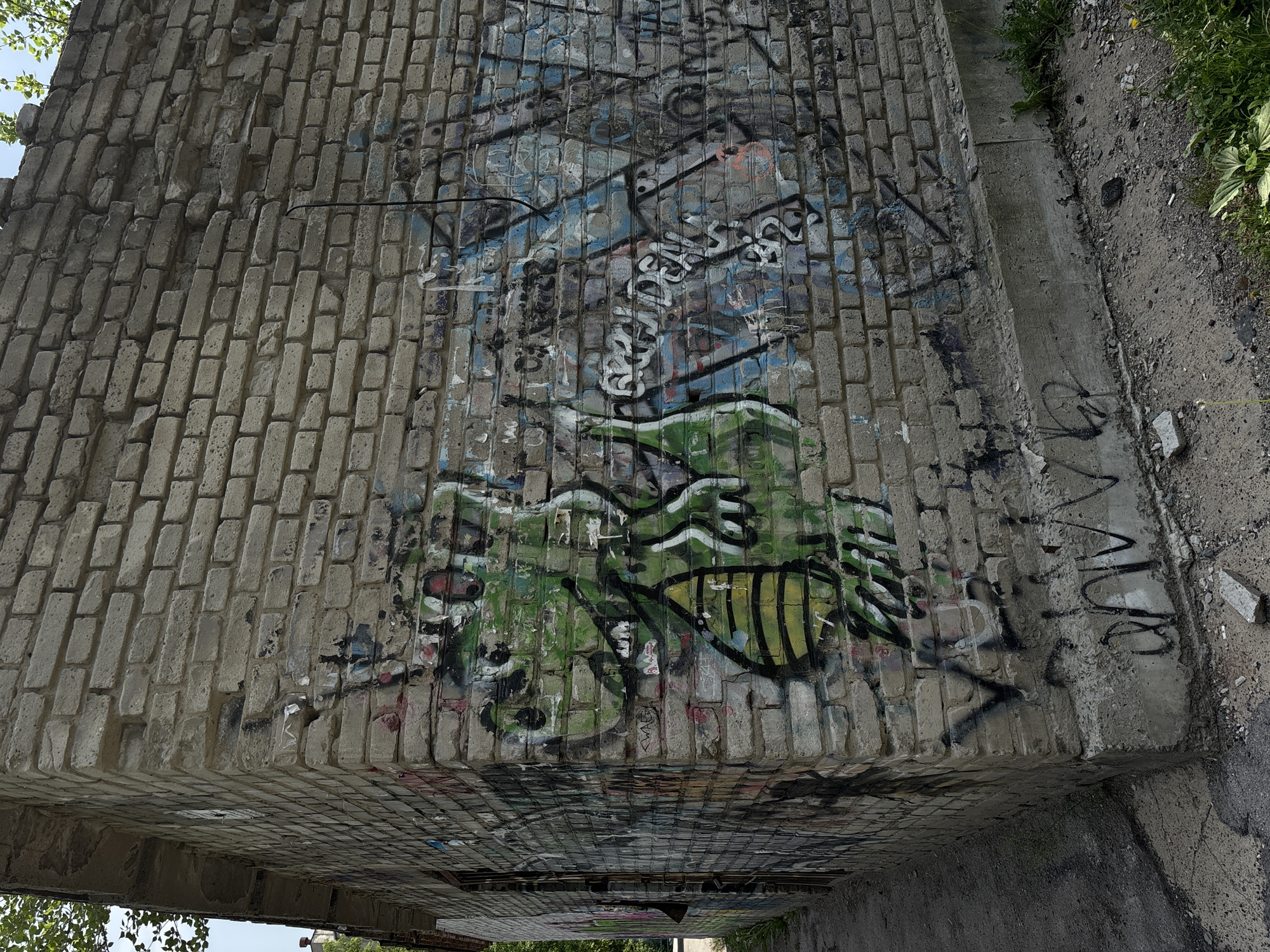 The image depicts the exterior of a dilapidated brick building in Novosibirsk, Russia. The building, constructed from light-colored bricks, is heavily graffitied with various tags and images, predominantly in green, blue, and black spray paint. A notable graffiti on one corner appears to be a stylized green creature with yellow stripes. The building has a concrete foundation that is also showing signs of wear and tear. There is a metal door or gate visible on the left side of the structure. The ground surrounding the building is a mix of asphalt and dirt, with some sparse vegetation growing around the base. The overall impression is one of neglect and urban decay. No people are visible in the frame.
