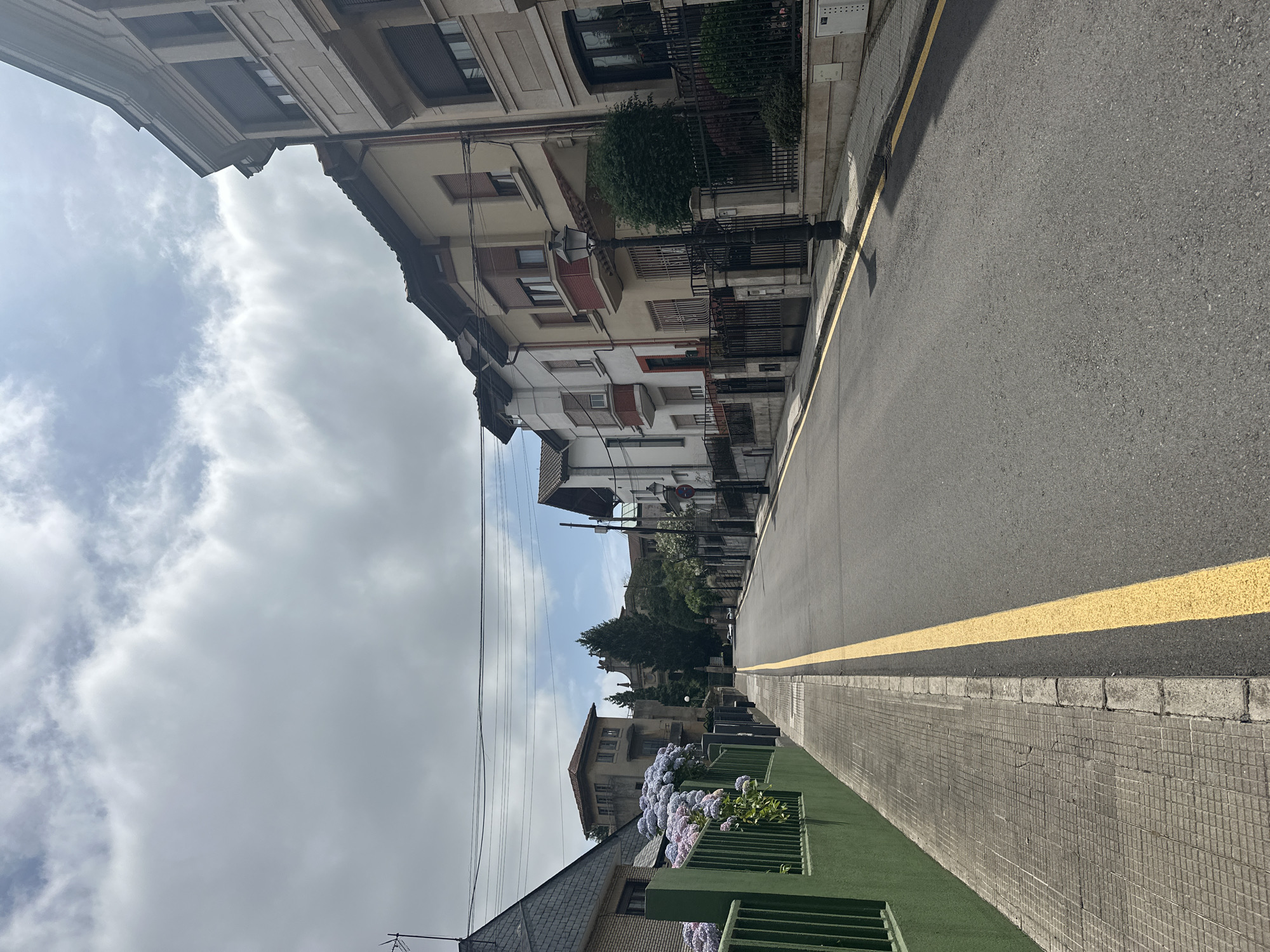 This image depicts a street scene in Oviedo, Spain, characterized by a slightly uphill asphalt road with a bright yellow dividing line. The road is flanked on the left by a tiled sidewalk and a vibrant green fence, behind which are lush purple hydrangeas and a slate-roofed building. On the right side of the road, a series of multi-story houses with traditional architecture are visible. These houses feature balconies, bay windows, and dark-colored shutters. A black ornate street lamp stands on the right sidewalk, and an electric pole with wires is present in the background. The sky is predominantly cloudy, with patches of blue visible, suggesting a partly cloudy day. The overall environment appears to be a residential area within the city.