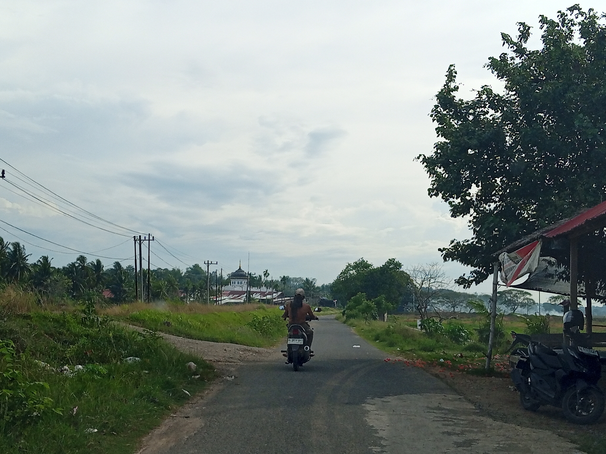 The image captures a rural road scene in Palohawe, Indonesia, under an overcast sky. A single individual, shirtless and wearing a light-colored cap, rides a dark scooter (license plate BL 3818 WAZ) away from the viewer on a paved, single-lane road. The road is bordered by dense green grass and various trees. On the left, multiple utility poles with overhead power lines are visible, extending into a landscape dominated by palm trees and other foliage. In the far distance, a white building with a distinctive dome or tiered roof and a slender minaret-like structure, characteristic of a mosque, stands amidst greenery. On the right side of the road, a simple shelter with a red roof provides cover for a parked dark scooter, upon which a helmet rests. Red debris is scattered on the ground near the shelter. The overall environment is verdant and appears typical of a tropical setting.