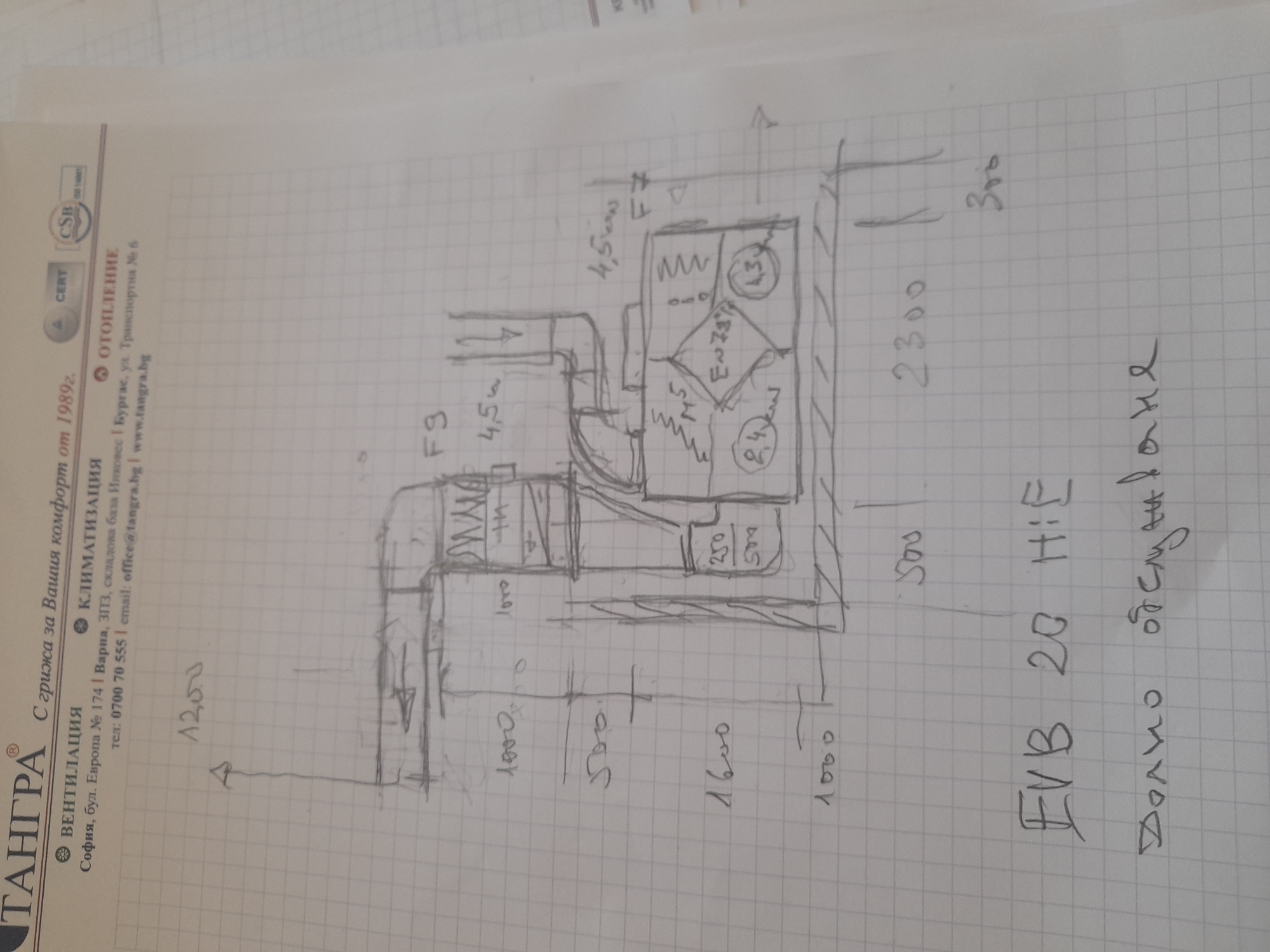 The image shows a hand-drawn technical sketch, likely for ventilation or air conditioning, on graph paper. The sketch includes various dimensions and labels, such as "12,00", "1000", "500", "1600", "2300", and "300". Specific components are labeled "F9", "F", "E~73", and "4,3". The text "EVB 20 HIE Долно обслужване" is written at the bottom. The top left of the image features the logo of "ТАНГРА", a company specializing in ventilation, air conditioning, and heating. The company's Sofia address is listed as "бул. Европа № 174".