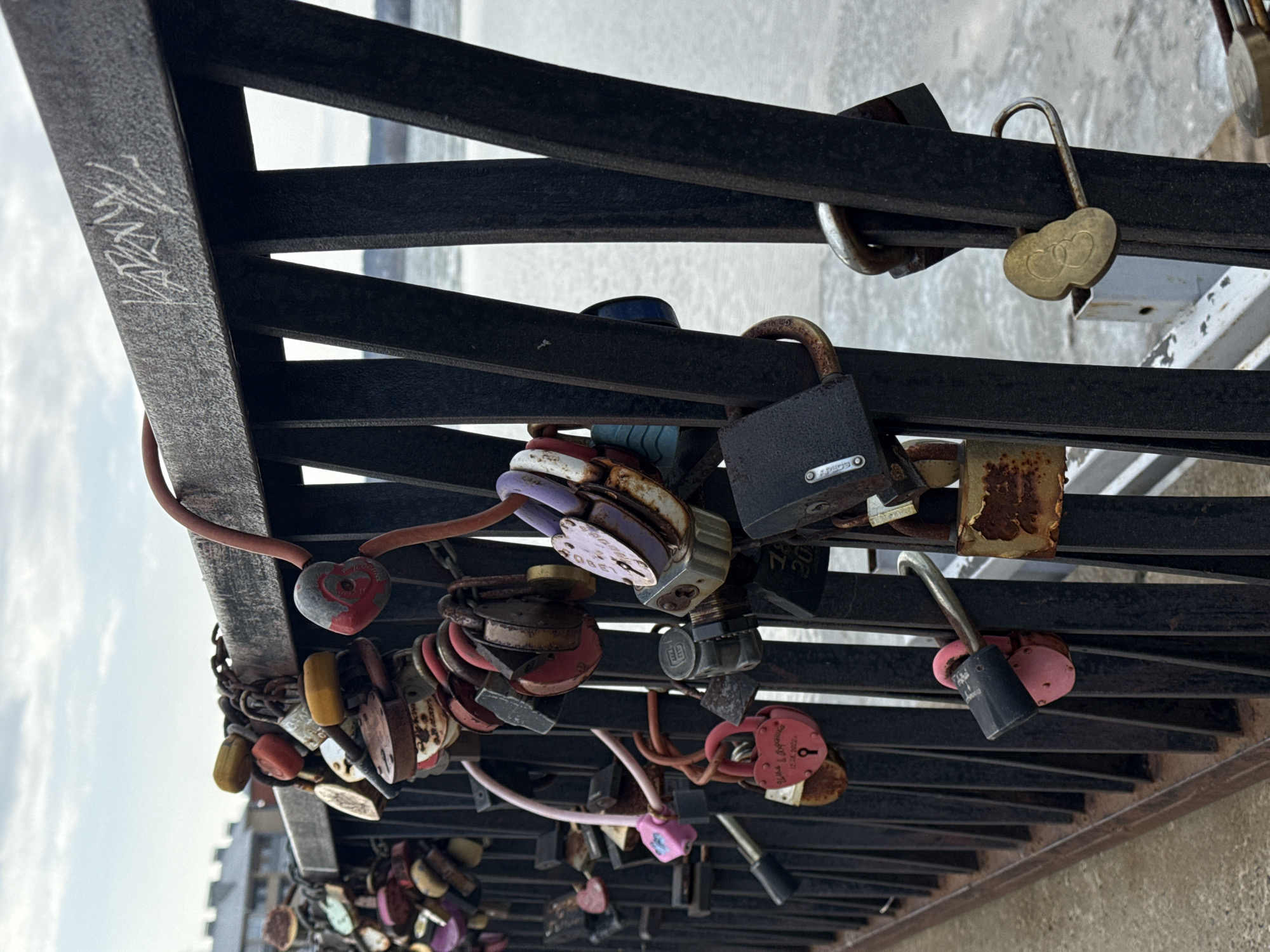 The image shows a section of a black metal fence in Votkinsk, Russia, laden with numerous padlocks, mostly of different shapes, colors, and sizes. The locks appear to be attached to the fence as symbols of love or commitment. The environment is partially visible, suggesting a waterside location with light-colored water or ice in the background, and a hint of buildings on the lower left. Graffiti is present on a part of the fence. There are no people visible in the immediate foreground. The scene is lit by daylight.