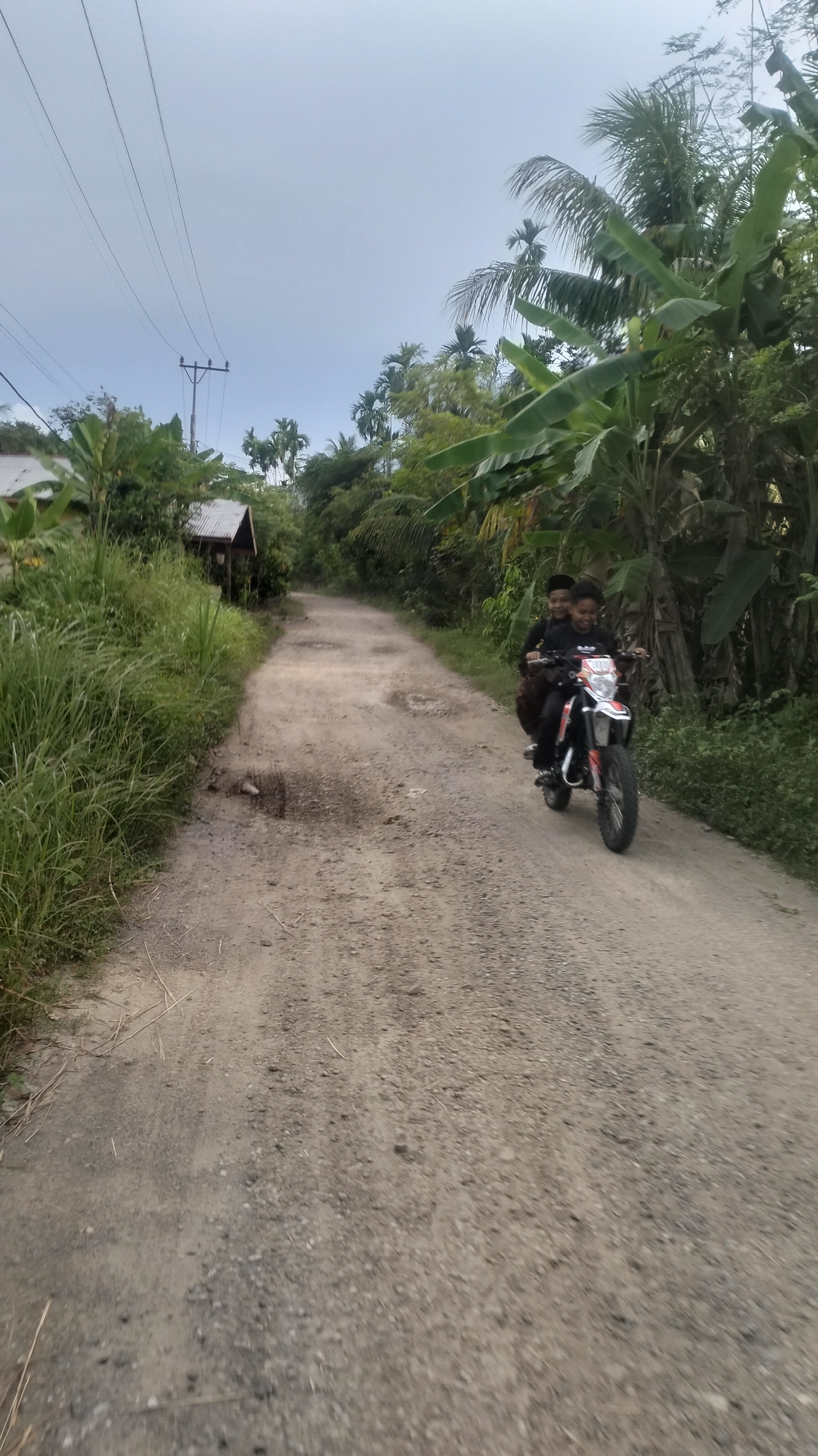 Two young males are riding a dirt bike on a dirt road in Kebonbaru, Indonesia. The person in the front is driving, while the person behind them is a passenger. The dirt bike is orange and white, and the two males are wearing black shirts and pants. The road is unpaved and appears to be in disrepair, with several potholes visible. The surrounding area is lush and green, with palm trees and other tropical vegetation. There are also some houses visible in the background. The sky is overcast.