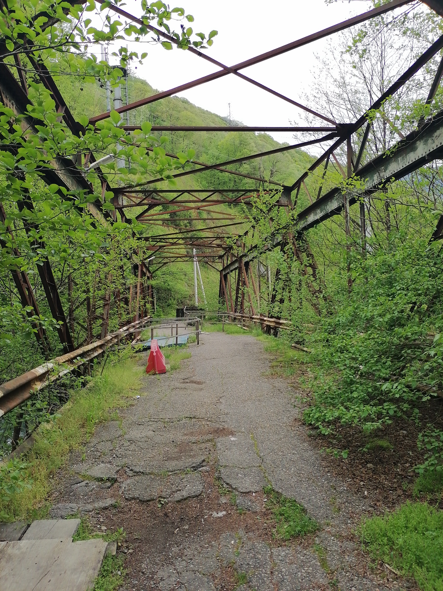 This image depicts an old, deteriorating metal truss bridge in a lush, natural setting, identified as Chvizhepse, Russia. The bridge structure is heavily rusted, with dark brown and green metallic tones, and is significantly overgrown with vibrant green foliage, including leaves, branches, and bushes that intertwine with the girders and beams.
The path across the bridge is unpaved, a mix of gravel and cracked asphalt, with weeds and grass actively growing through the fissures and along the edges. On the left side of the path, a rusty metal guardrail runs parallel to the bridge's edge, partially obscured by dense vegetation. A fragmented red plastic cone lies on its side on the path towards the left. Wooden planks are visible in the bottom-left foreground, suggesting a makeshift step or platform.
Beyond the bridge, the background is dominated by rolling, forested hills covered in dense green trees, indicating a mountainous or hilly landscape. A tall, slender, light-colored pole structure, possibly a communication tower or utility pole, can be seen standing on a distant hill through the bridge's framework and tree branches. The sky is overcast and bright, suggesting daytime under cloudy weather. No people are visible, and the scene evokes a sense of neglect and nature's gradual reclamation of human infrastructure. There is no visible text in the image.