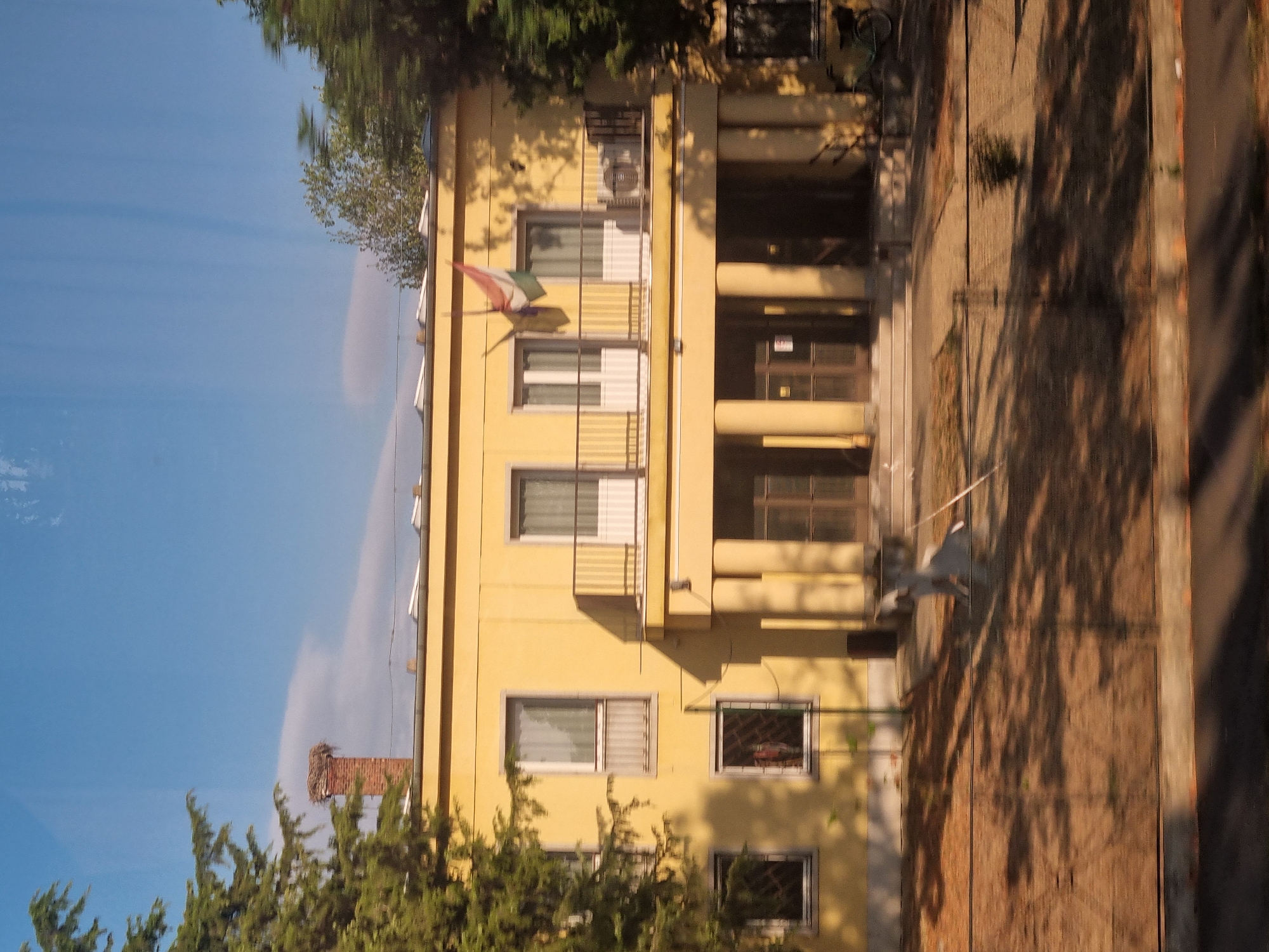 The image shows a yellow building in Berettyóújfalu, Hungary, under a bright blue sky with scattered clouds. The building has a prominent balcony on the second floor, supported by large cylindrical columns on the ground floor. Two flags, one appearing to be the Hungarian flag, are flying on the upper part of the building. Trees are visible on the left and right sides of the building, casting shadows on the ground. A chimney with a bird's nest is on the roof. The foreground shows a ground-level area with shadows, a fence, and a bicycle parked to the right. The image appears to have been taken from a moving vehicle, as indicated by the slight blur and reflections on the surface, possibly a window.