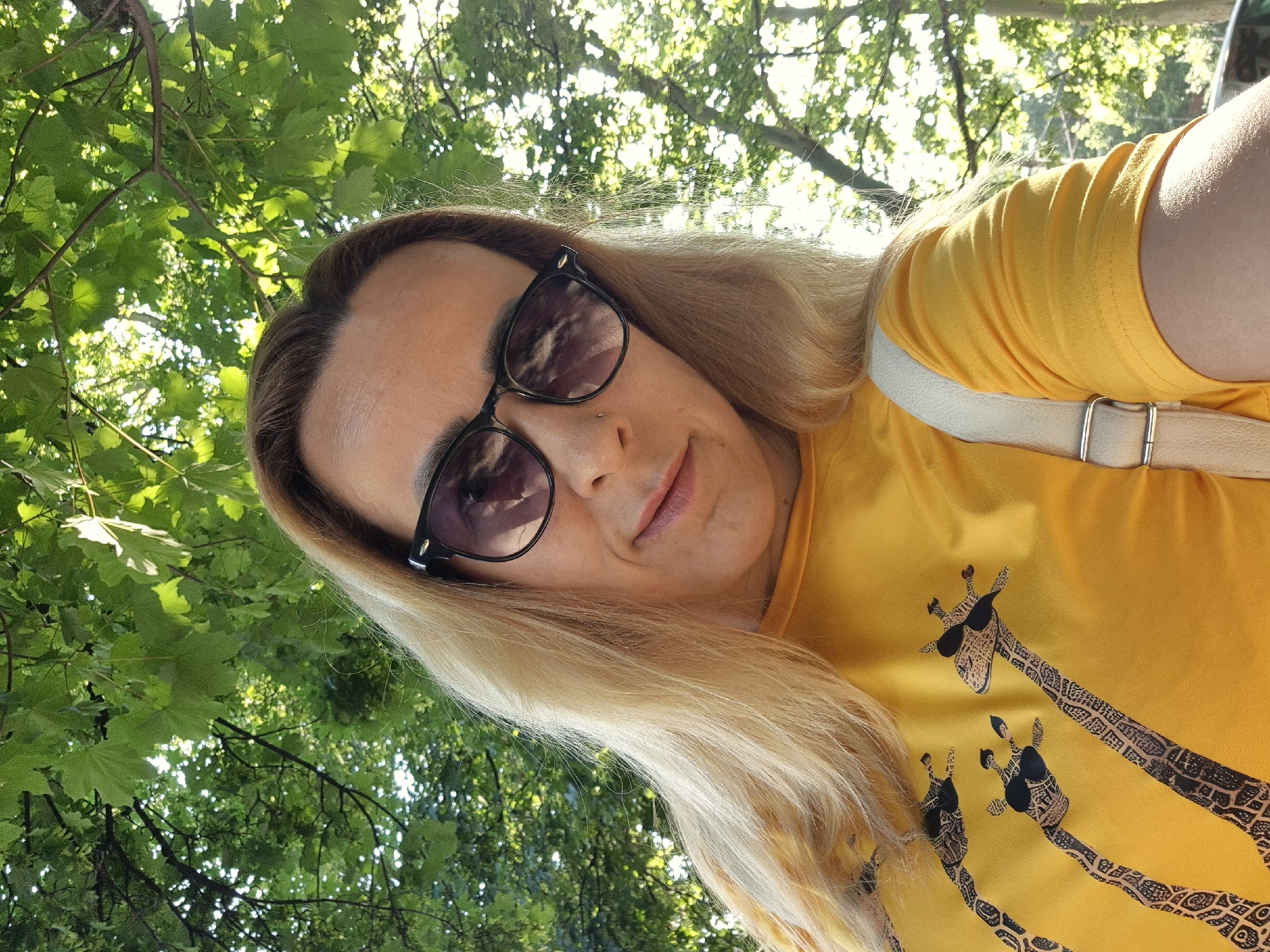 A person is captured in a close-up, upward-facing selfie, tilted at an angle. The individual has long, straight blonde hair and is wearing black-framed sunglasses that reflect the bright, leafy background. Their lips are slightly parted in a relaxed expression, and a small nose piercing is visible. They are wearing a bright yellow t-shirt featuring a graphic design of three stylized giraffes, each depicted with unique patterns on their bodies and wearing sunglasses. A light-colored strap, possibly from a bag or accessory, is visible across their shoulder. The background is filled with vibrant green foliage and tree branches, with sunlight filtering through the leaves, creating bright spots. This suggests an outdoor setting, likely under a tree or in a park, during a sunny daytime. The overall impression is casual and cheerful.