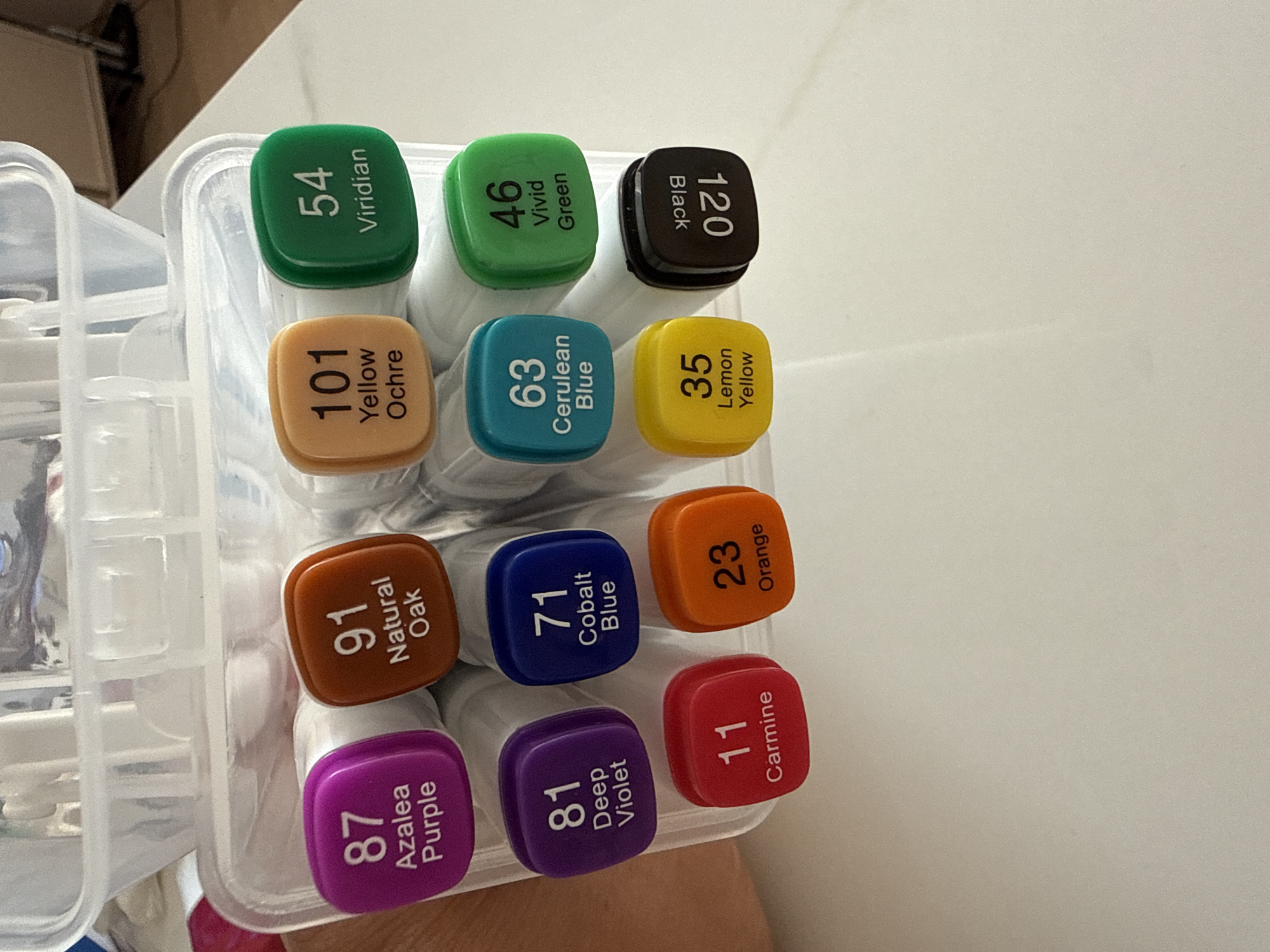 A clear plastic organizer containing ten distinct alcohol markers is prominently displayed on a light-colored, flat surface in Unknown, Unknown. The markers are arranged in rows, with each cap featuring a unique color, a numerical identifier, and a descriptive color name. From left to right, the top row shows a purple cap labeled '87 Azalea Purple', a brownish-orange cap labeled '91 Natural Oak', a yellow-orange cap labeled '101 Yellow Ochre', and a green cap labeled '54 Viridian'. The middle row displays a dark purple cap labeled '81 Deep Violet', a dark blue cap labeled '71 Cobalt Blue', a teal cap labeled '63 Cerulean Blue', and a light green cap labeled '46 Vivid Green'. The bottom row features a red cap labeled '11 Carmine', an orange cap labeled '23 Orange', a yellow cap labeled '35 Lemon Yellow', and an inverted black cap labeled '120 Black'. The transparent organizer has multiple compartments, and its upper structure is partially visible. A human hand or arm is visible on the left edge of the frame, providing support for the container. The background is out of focus, revealing hints of an interior setting with light-toned elements.