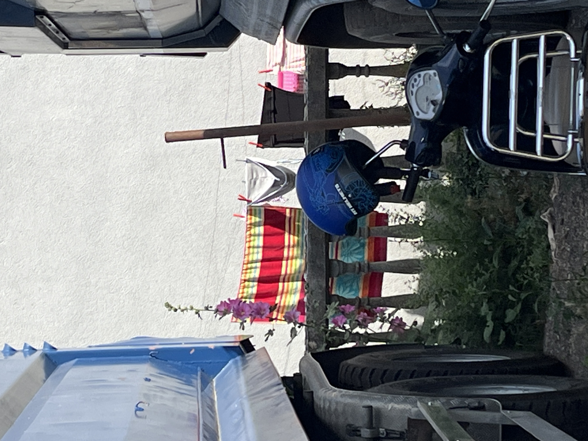 The image depicts an outdoor scene with two large vehicles, likely trucks, positioned on either side, framing the central elements. In the middle ground, a fence with decorative pillars runs horizontally, behind which a clothesline is visible with several items of laundry hanging. A bright, multi-colored striped towel and a white undergarment are prominently displayed. To the left, a tall stalk of pink hollyhock flowers is in bloom, its delicate petals cascading downwards. A dark-colored scooter with a blue helmet resting on its seat is parked in the foreground, its chrome handlebars and rack glinting in the sunlight. The background consists of a textured white wall. The overall impression is a cluttered, everyday scene in what appears to be a residential or service area, possibly in the city of Budva, Montenegro.