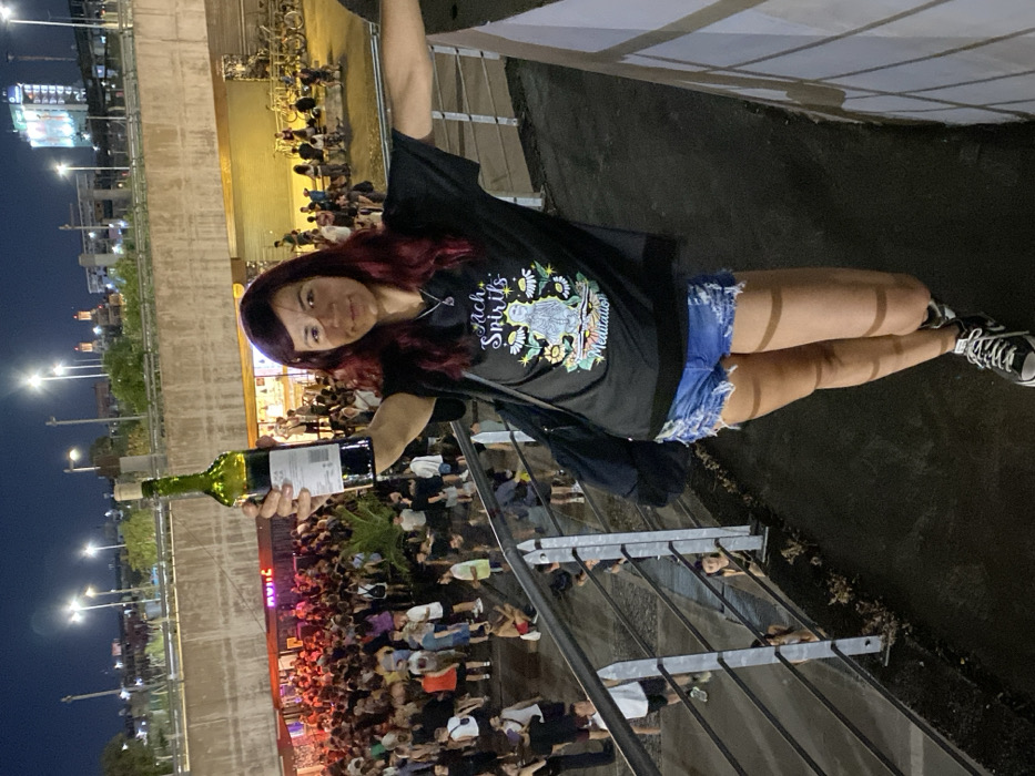 A person with purple hair stands on a ledge, holding an empty wine bottle, with a crowd gathered below. The individual wears a black t-shirt and denim shorts. The background shows city buildings, street lights, and a raised structure, possibly a bridge or overpass. The image is shot at night or in low-light conditions. The scene seems to be a social gathering or event.